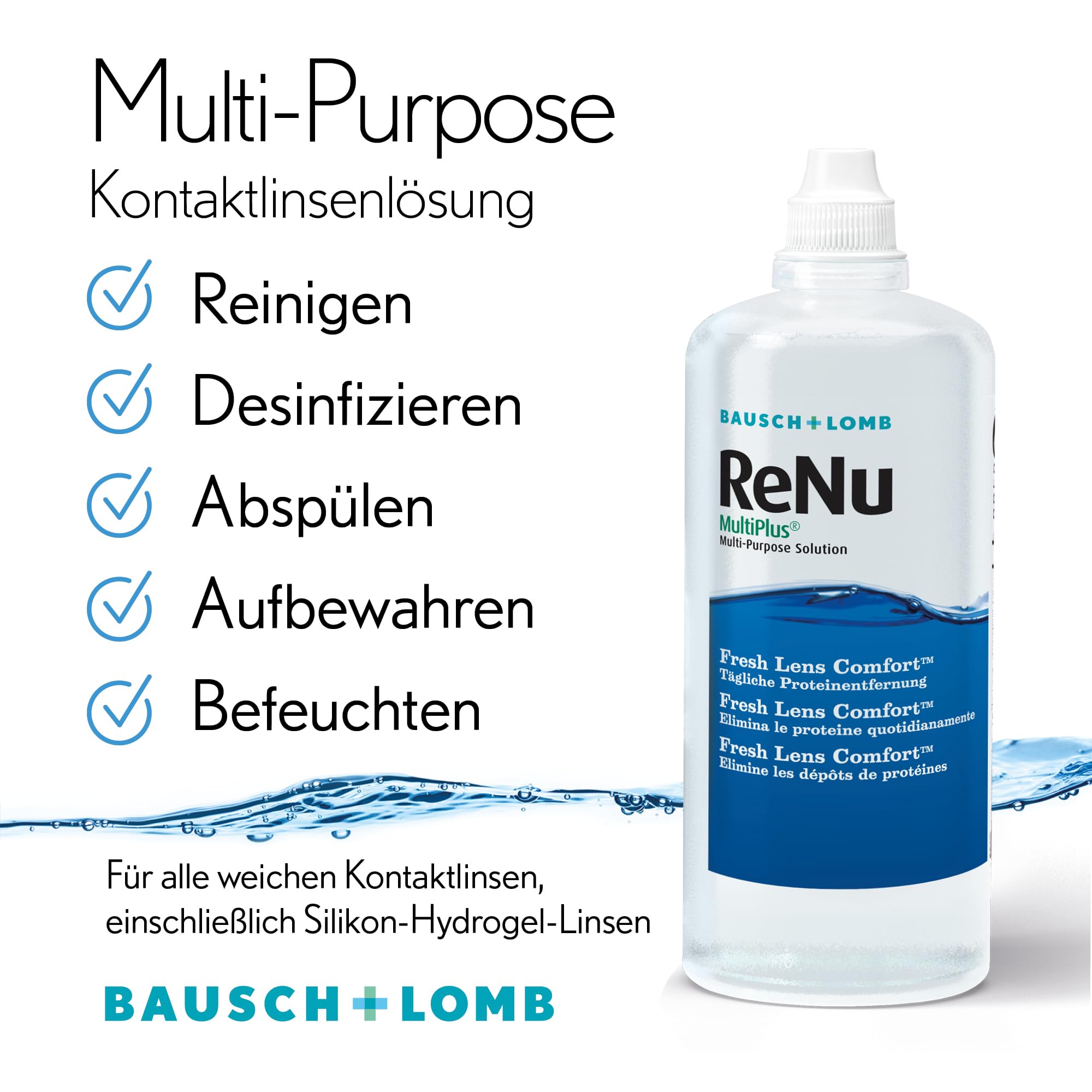 Bausch + Lomb ReNu MultiPlus Kombilösung mit Proteinentferner - Kontaktlinsenreiniger, Aufbewahrungslösung, weiche Linsen, Halbjahrespack, 4 x 360 ml