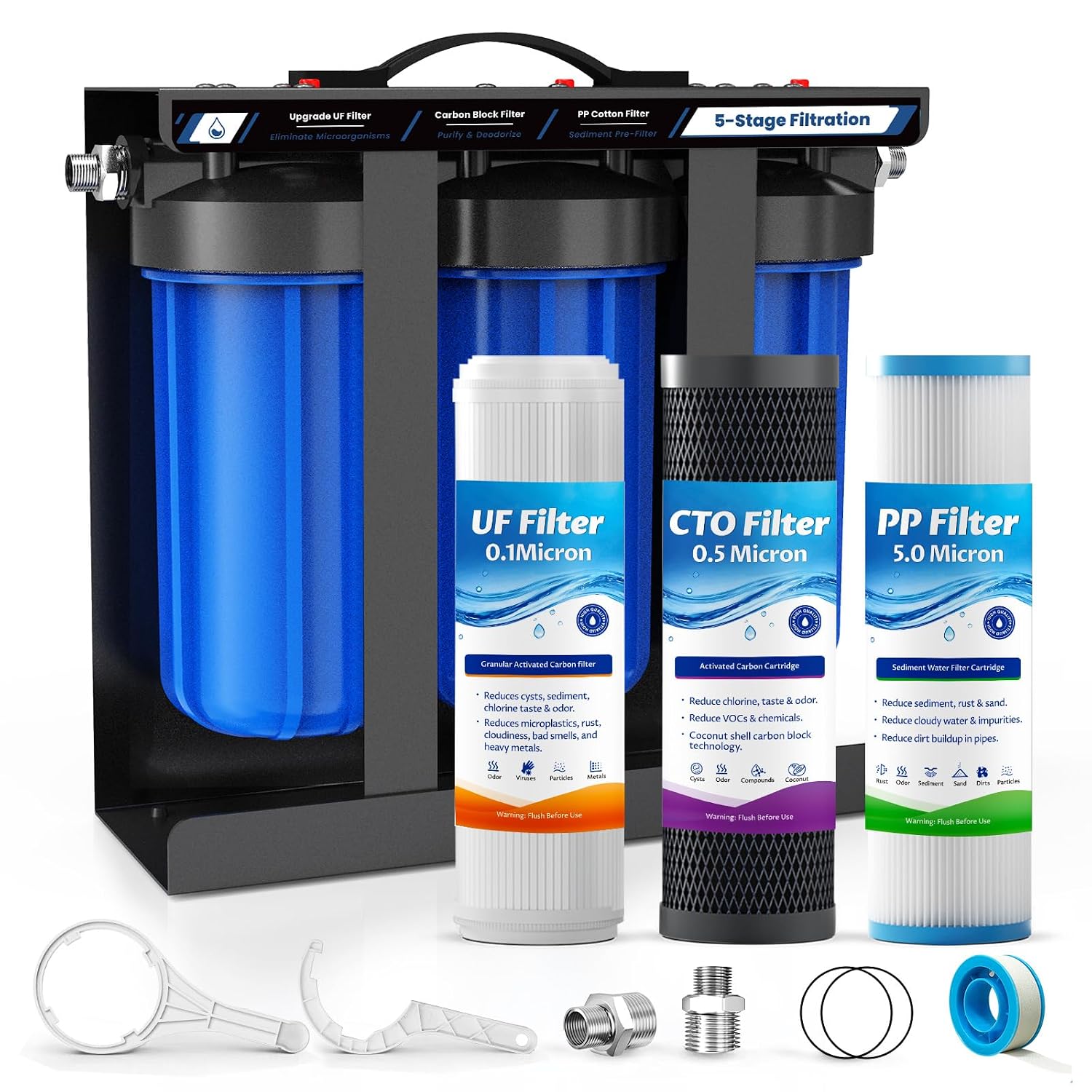 RV Water Filter System,0.01 Micron Camper Water Filter System, 5-Stage RV Water Filtration System Reduces Sediments, Chlorine, Vocs, Heavy Metals, Odors for Travel Trailers, Boats, 1" Inlet/Outlet