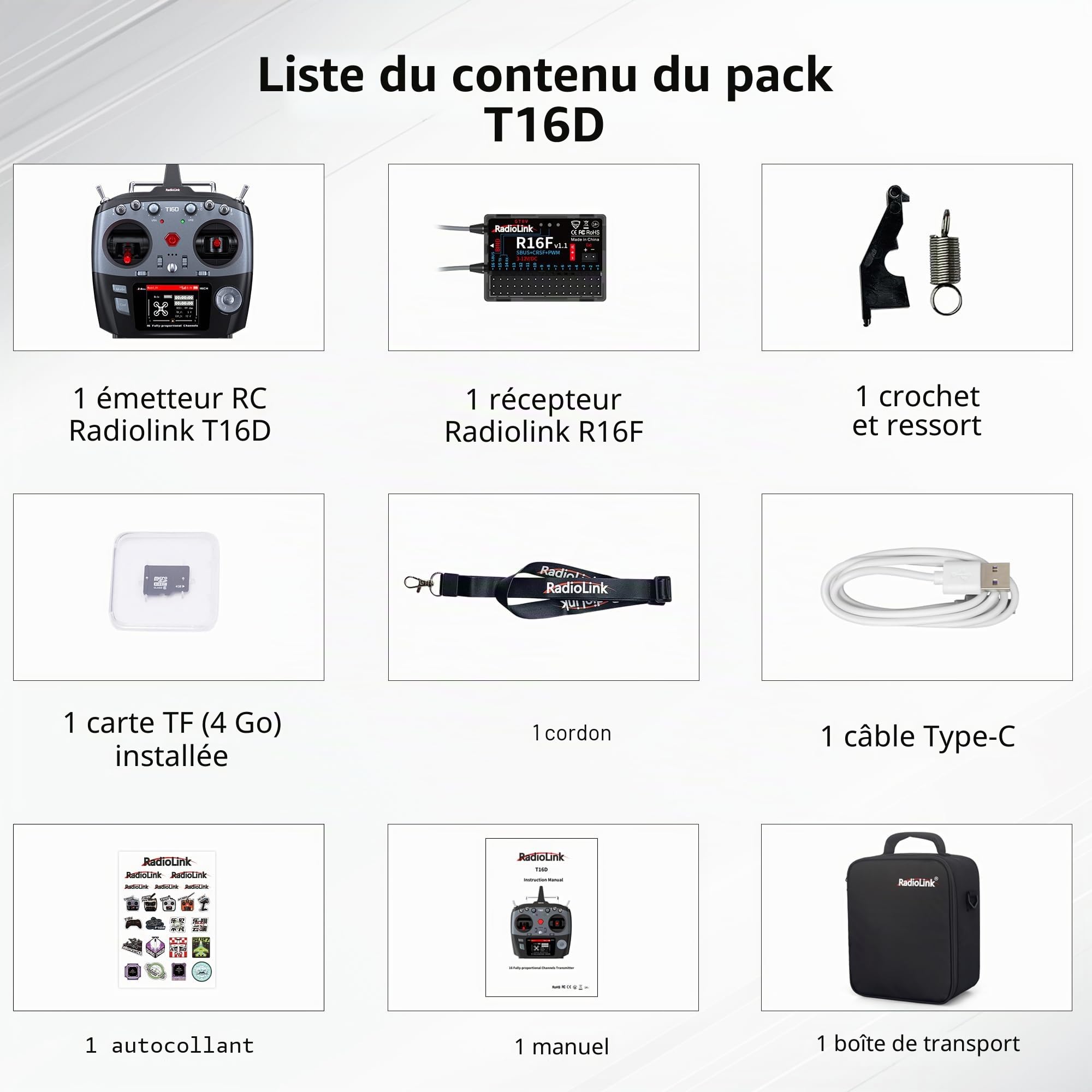 Radiolink T16D 16 canaux RC Émetteur & R16F Récepteur de Télémétrie, Compatible ELRS/TBS Crossfire Longue Portée Module, Diffusion Vocale, pour Drone/Avion/Voiture/Bateau (Mode 2, Accélérateur Gauche)