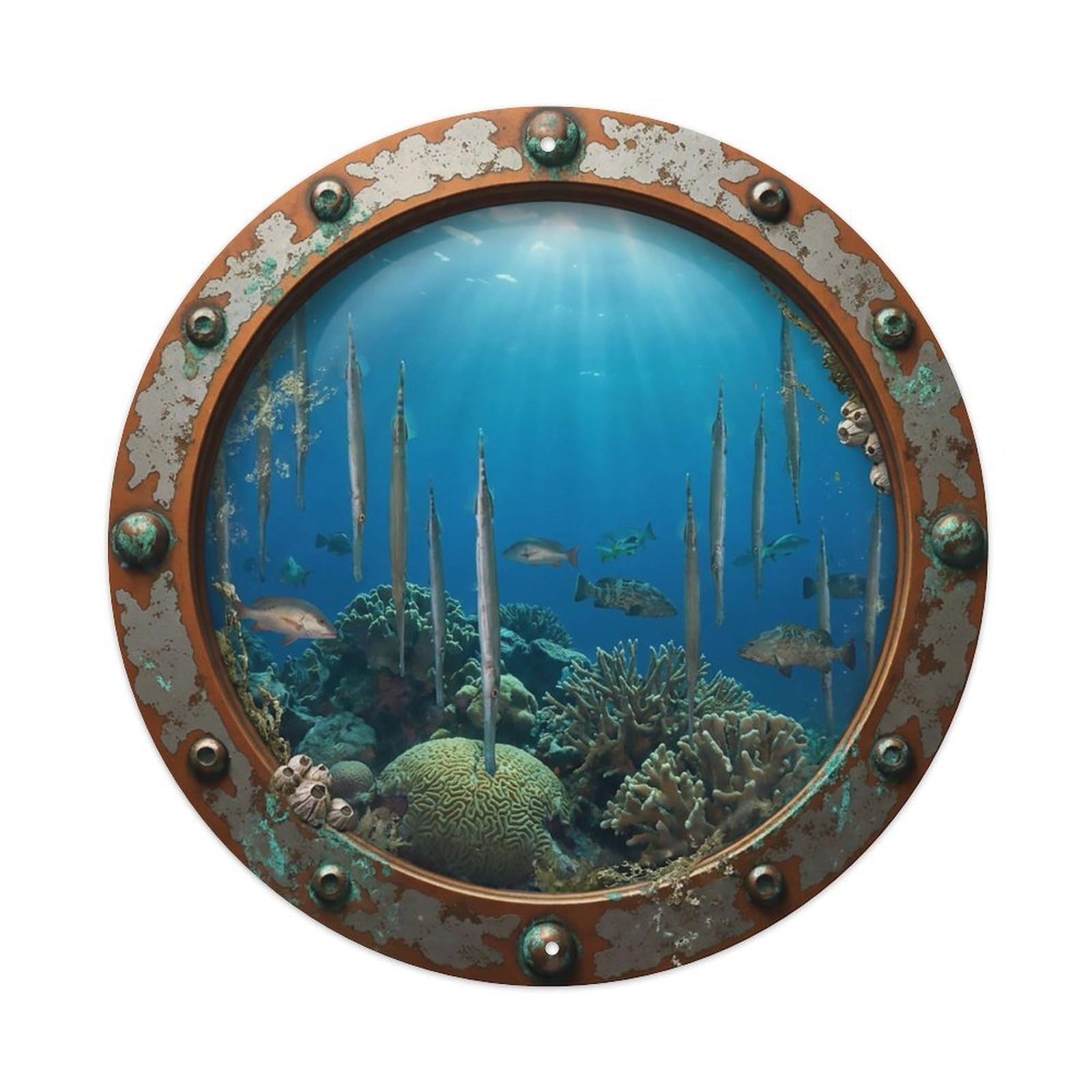 Odgynaw 8X8inch(20X20cm) Vintage Porthole Trumpetfish Nautical Window View Metal Tin Sign