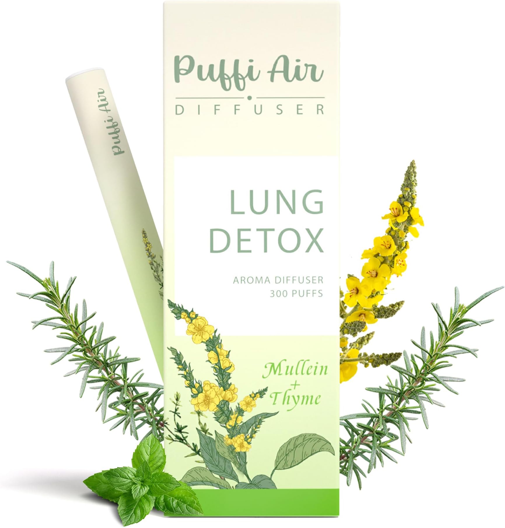PuffiAir Herbal Diffuser Pen with Extract of Mullein, Thyme and Mint for Lung Cleaning, Breathing Improvement, Oral Air Purification, Bad Habits - 300 Doses