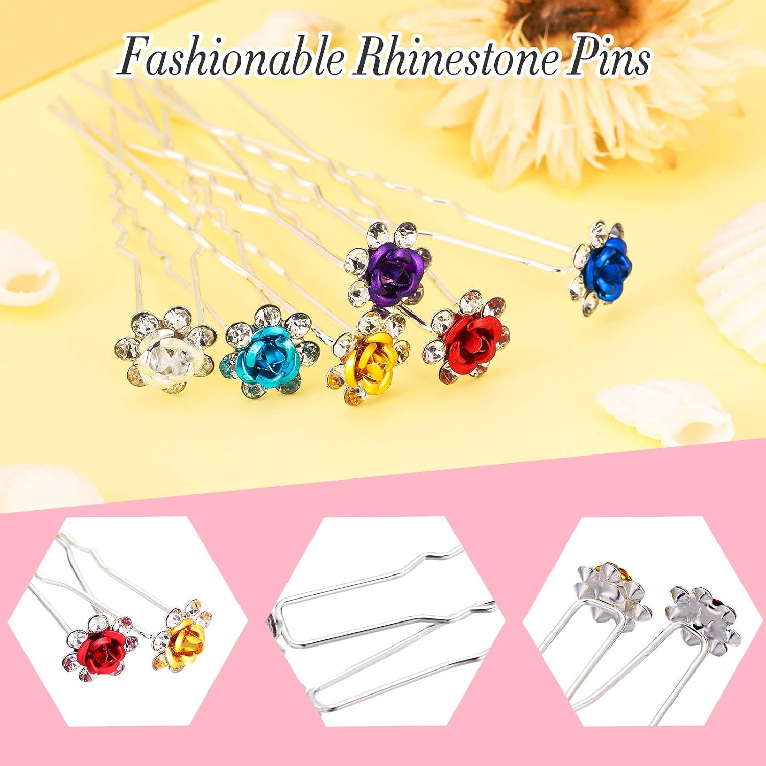 Chuangdi 30 Pieces Rhinestone Hair Pins Bridal Wedding Crystal Clips Rose Flower Crystal U Shaped Bobby Pins Decorative Hairpin Accessories Jewelry Barrette for Bride Women Bridesmaids