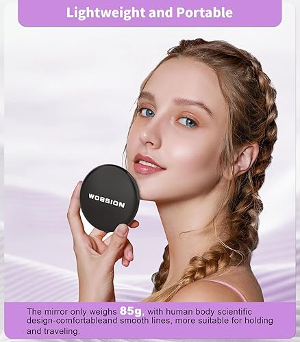 Miniatura 2 de wobsion Espejo de maquillaje de viaje con luz, espejo de aumento compacto 1x10x, espejo de bolsillo de mano de 2 lados, espejo pequeño LED para