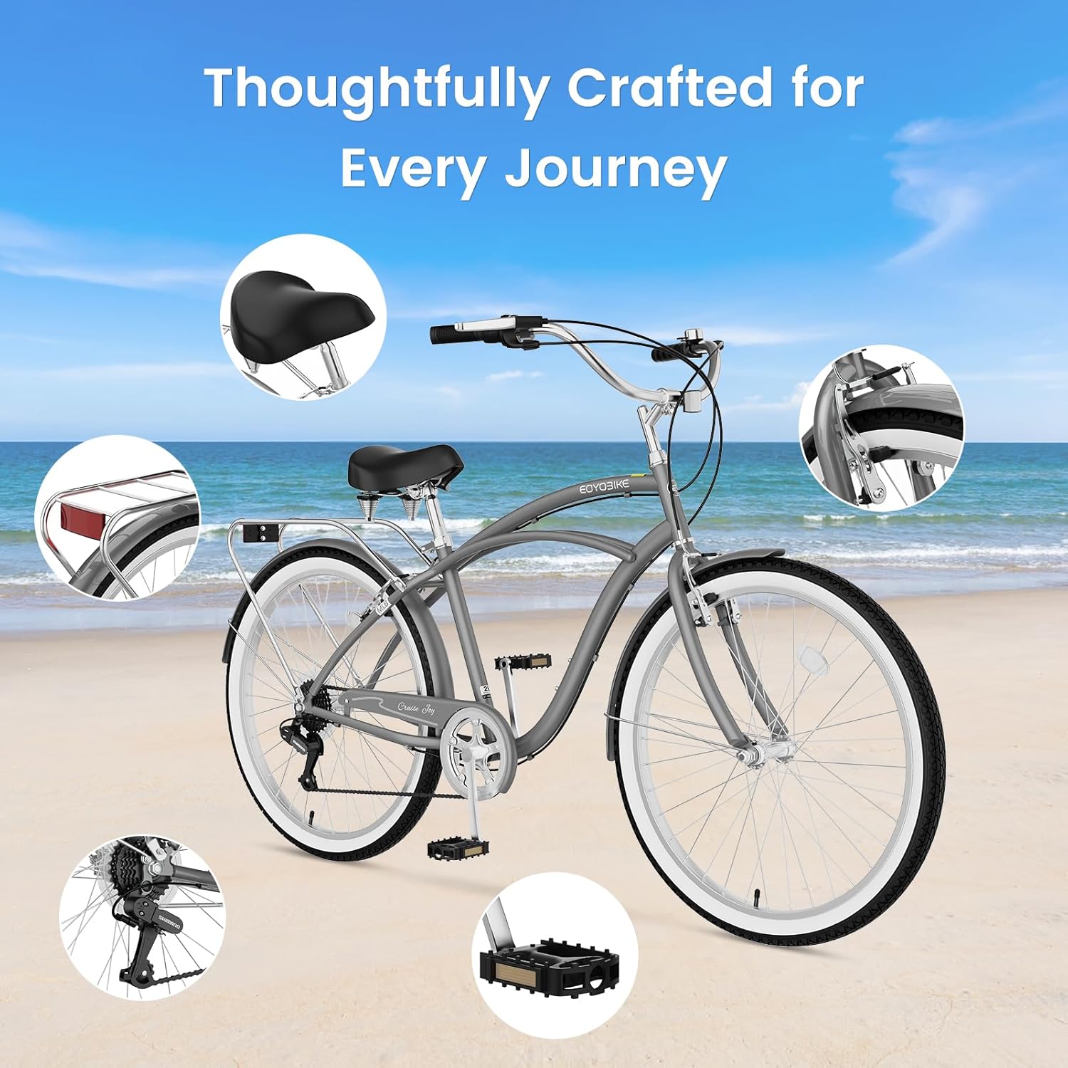 Cruiser Bike for Adults, 7-Speed Beach Cruiser Bicycle, 24/26 Inch Step-Through or High-Bar Frame, Comfort City Commuter Bike with Rear Rack, Fenders, Wide Saddle for Women & Men