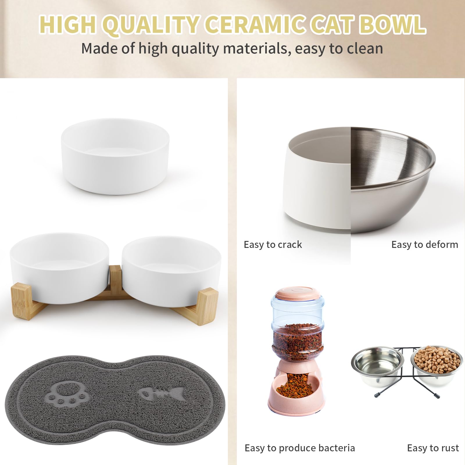 Ciotole per Gatti, Ciotola Ceramica Gatto con Staffa 400ML, Distributore per cibo con 2 Ciotole, Adatto a Gatti di Tutte le Dimensioni e Cuccioli (Bianco)