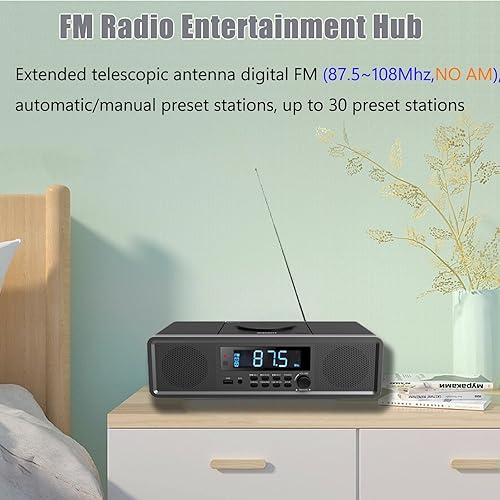 Miniatura 7 de WISCENT Sistema estéreo para el hogar, reproductor de CD, sistema de sonido RMS transparente de 20 W con radio FM, Bluetooth, USB, MP3, AUX, reloj