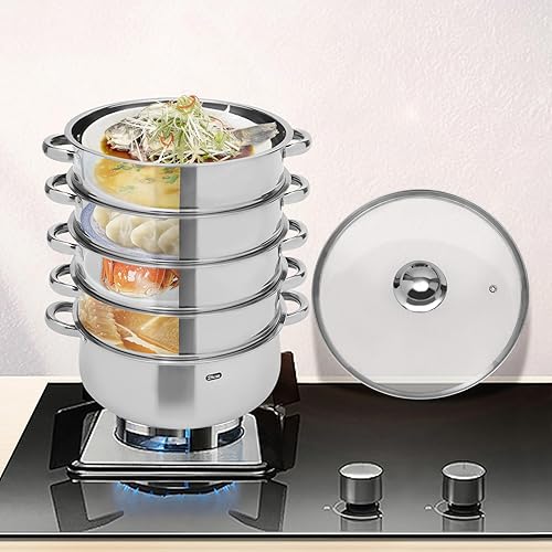 Miniatura 6 de Olla de vapor de acero inoxidable de 11.02 pulgadas, vaporera de 5 niveles, olla de vapor de inducción de acero inoxidable grande con tapa de