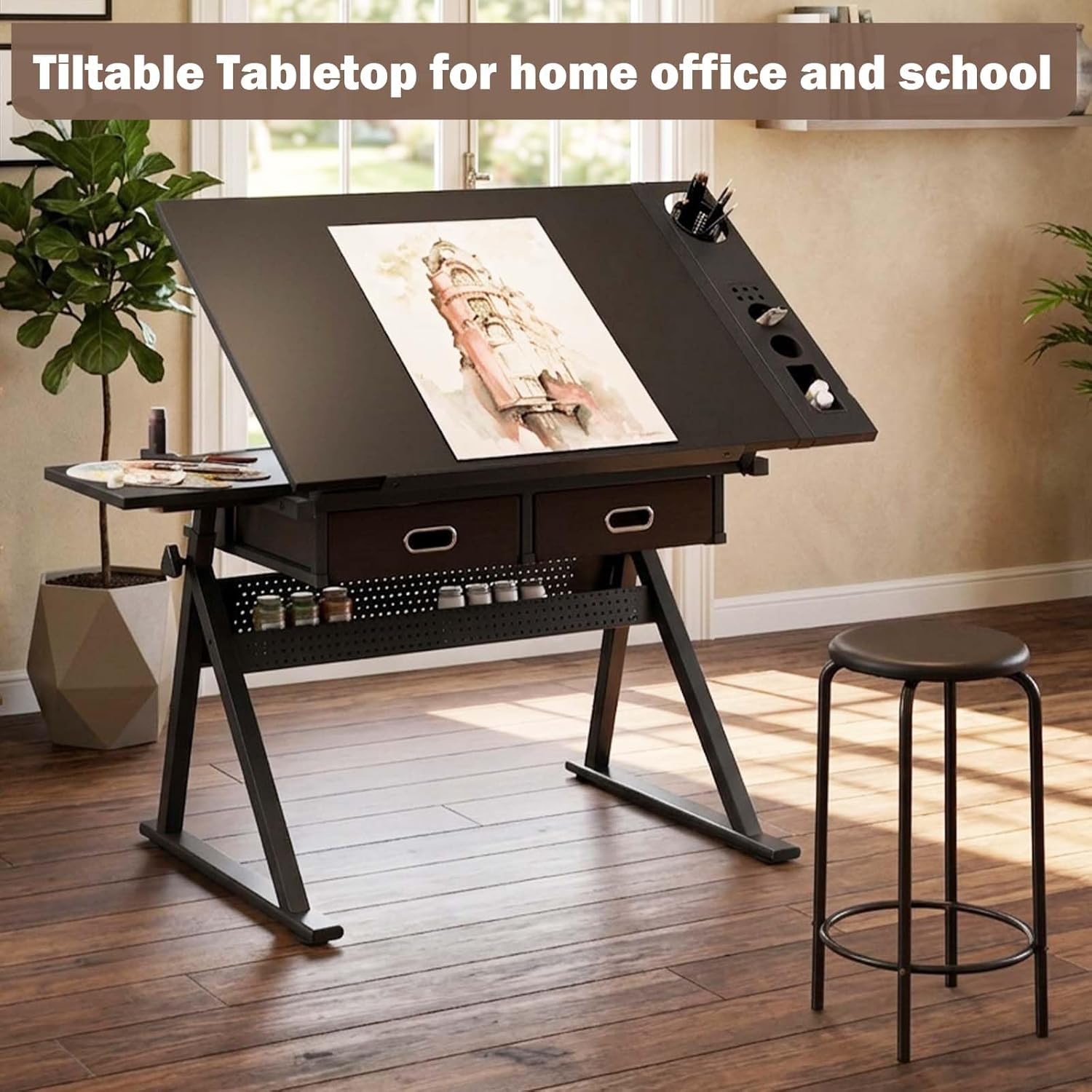38.58" W Drawing Desk & Art Table for Adults，Tilting Drafting Table with Storage and Stool, Height Adjustable Height Painting Desk with Drawers for Home|Office|Reading|Writing|Crafting (Black)