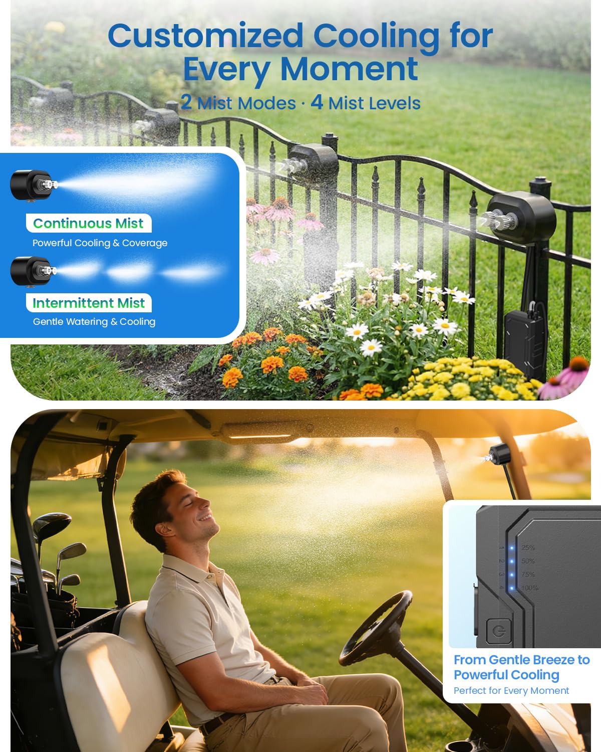 Ausic Sistema de nebulización magnético portátil con bomba, kit de 6000 mAh para exteriores para patio exterior, carrito de golf, pulverizador de agua para enfriar deportes, toldo, playa, campamento