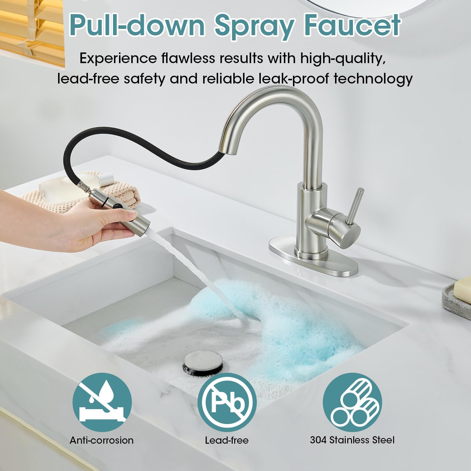 Brushed Nickel Bathroom Faucet with Pull Down Sprayer, Single Hole Bathroom Faucet with Pop-up Drain and Flexible Hoses, 1 Handle Sink Faucets for Vanity, Modern Farmhouse, Vanity, Restroom