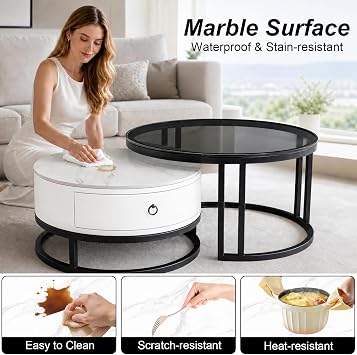 Round Coffee Table with Storage Drawer for Small Living Room