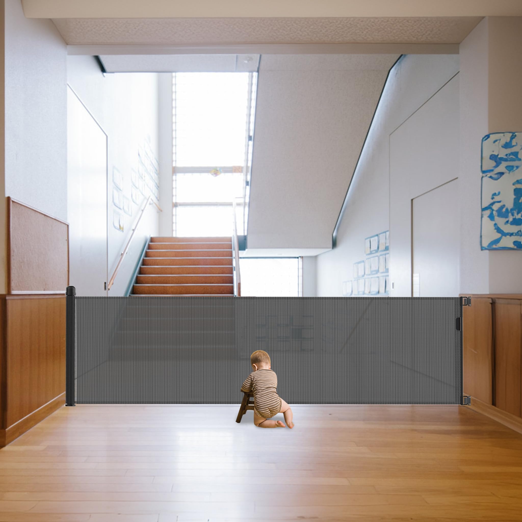 Aufun Treppenschutzgitter Ausziehbar 300cm, Türschutzgitter Baby, Absperrgitter Schutzgitter Treppe für Katzen und Hunde, Extra Breit Babygitter, Treppenschutzrollo für Innen Außenbereich, Schwarz