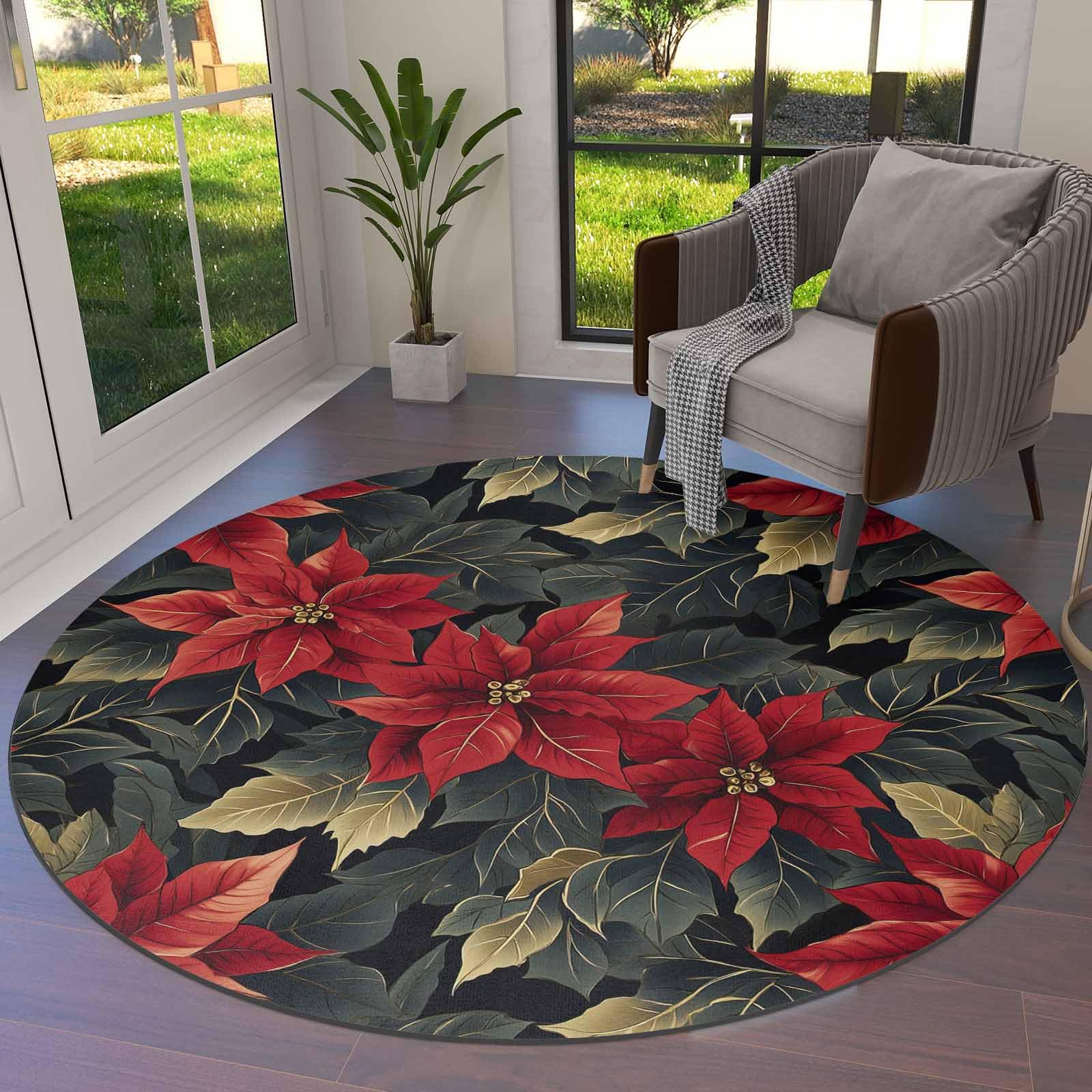 Christmas Poinsettia Round Area Rug 5ft,Red Green Xmas Flowers Winter Washable Indoor Carpet Runner Rug for Bedroom,Kitchen,Bathroom,Living/Dining/