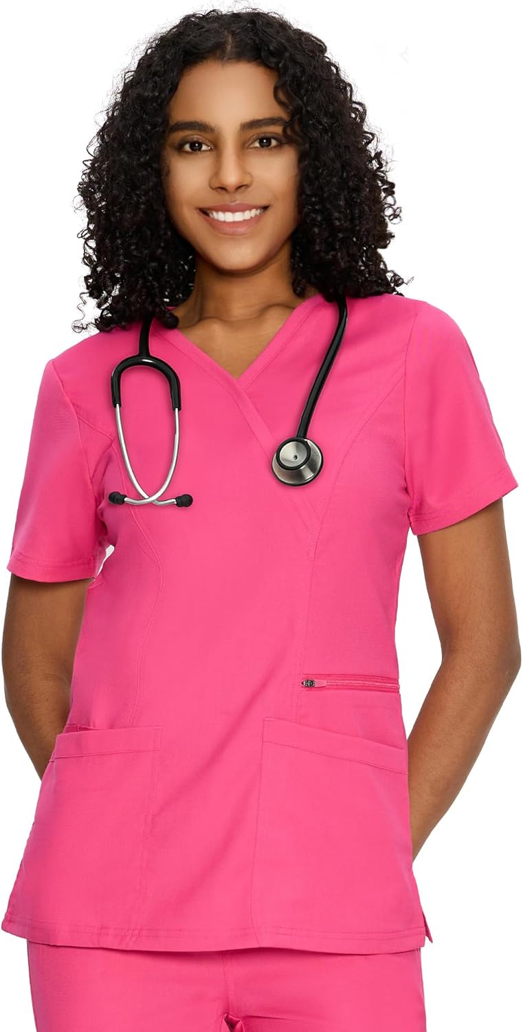COZYFIT Scrub Tops for Woman - Back Princess Seams, Mock Wrap Top with 3 Pockets