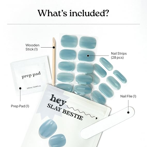 Heyhae Semi Cured Gel Nail Strips | No LED Lamp Needed | Solid, Blue | Easy Apply & Remove, Salon Quality | Includes 28 Strips, 1 Prep Pads, Nail File & Wooden stick - Hey, Slay Bestie