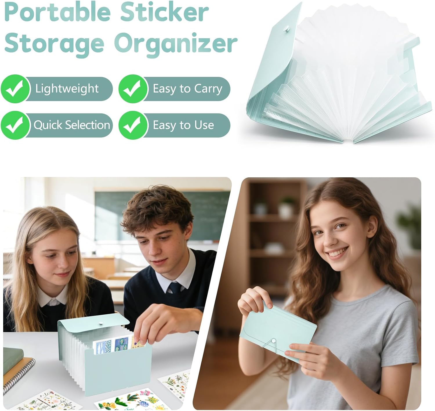 Sticker Storage Organizer with 13 Expandable Pockets A6 Large Capacity Sticker Organizer Binder Holder for Collecting Stickers Scrapbook Paper Organization Box Washi Tape Journal Album (Green)
