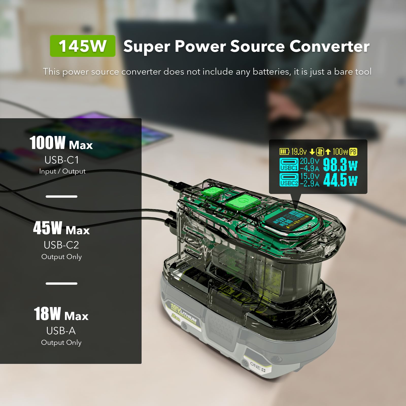 SYMIK Cargador de 100 W y fuente de alimentación de 145 W para baterías Ryobi de 18 V, cargador bidireccional avanzado y estación de energía portátil con visualización OLED para puerto Ryobi de 18 V
