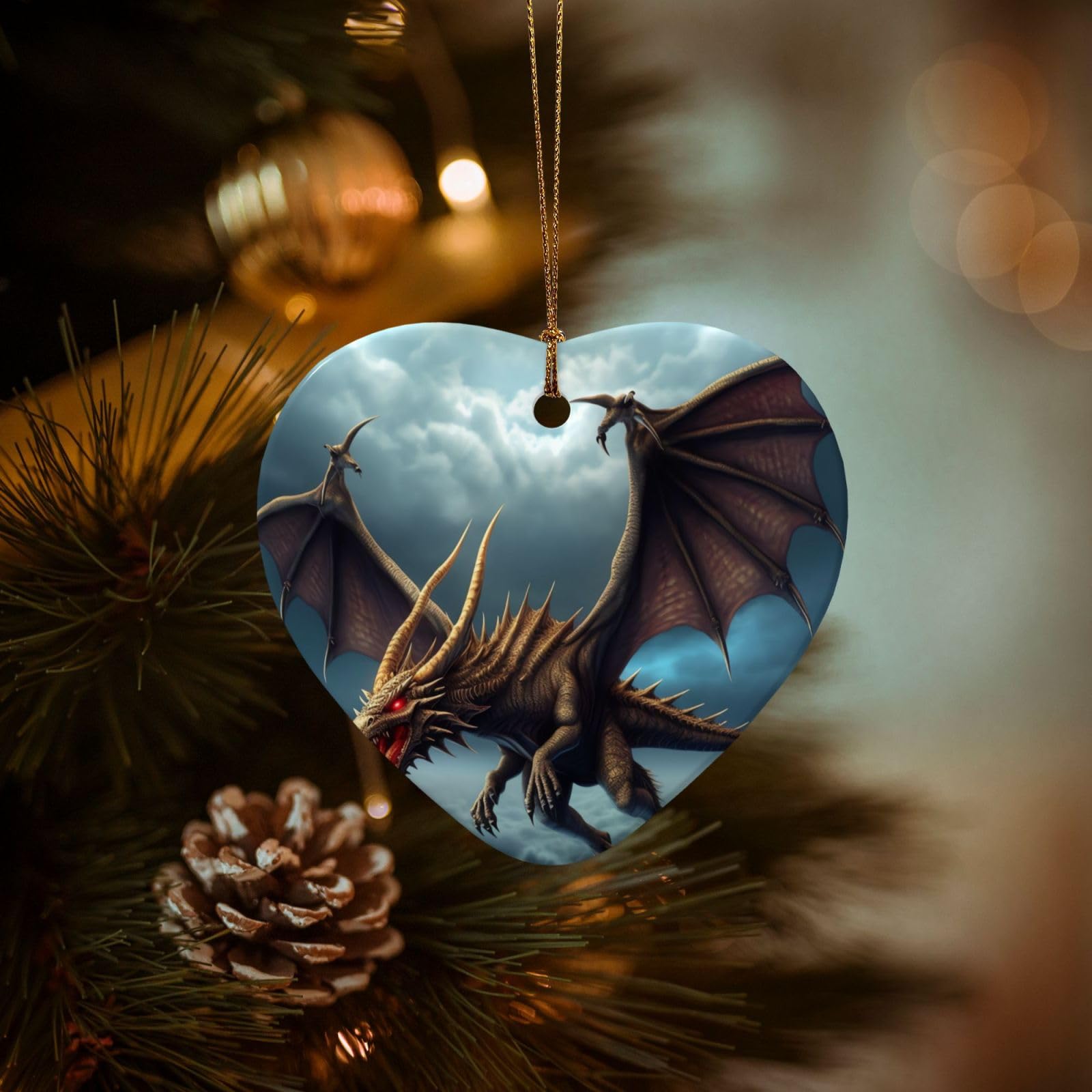 Christmas Ornaments for Christmas Tree Decoration Hanging Flying Dragon Ornament with Gold Ribbon Crafts Heart Shape Ceramic Pendant for Keepsake Gifts Xmas Decor Party Supplies
