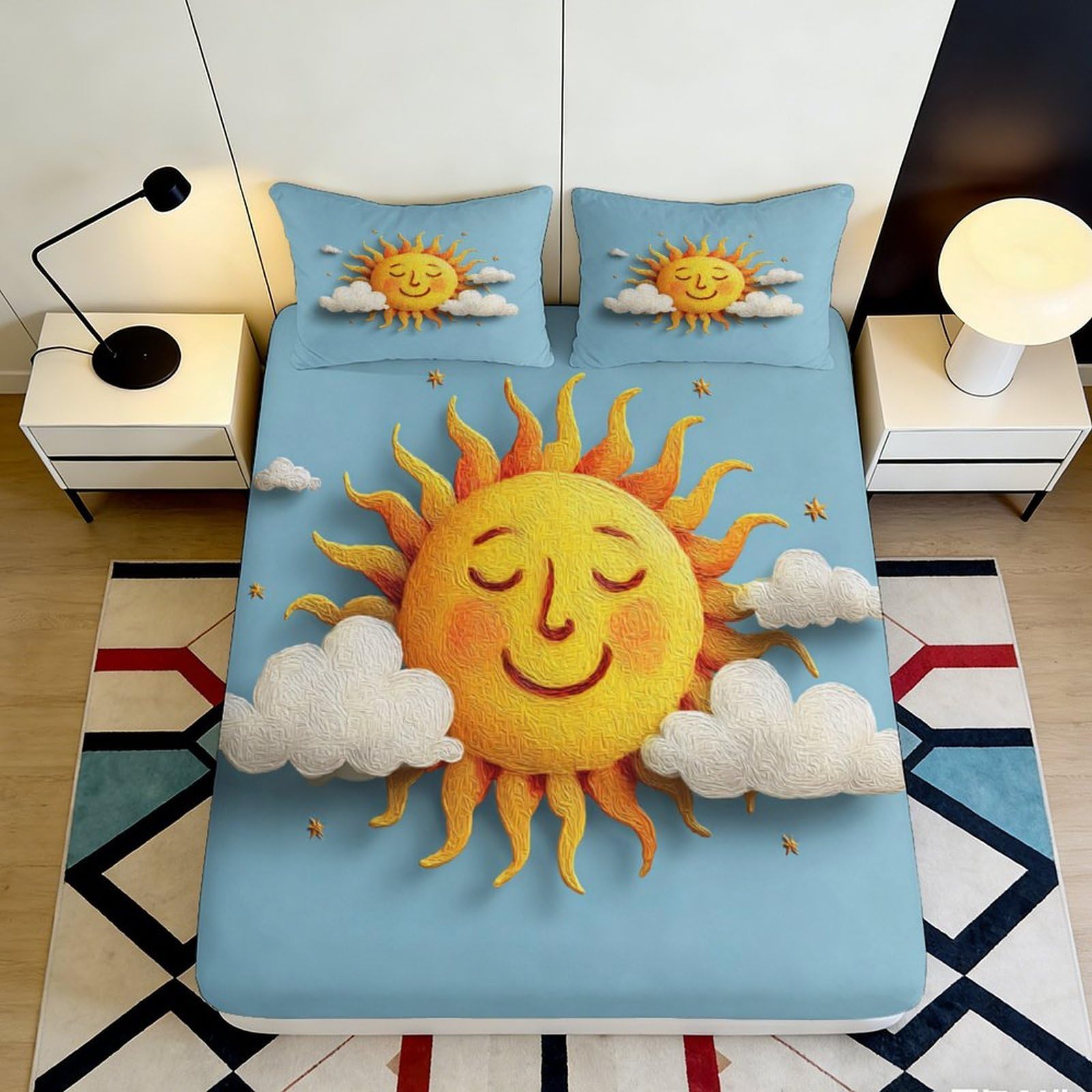 3D Printed Sunny Sun Microfiber Fitted Sheet Soft Breathable Smiling Sun Bed Cover for Bedroom Dormitory Guest Room Mattress Protection Decor 180x200x25cm