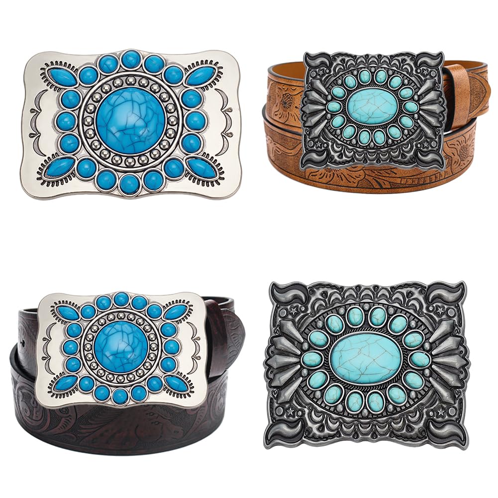 WADORN 2 Style Synthetic Turquoise Belt Buckles, 2pcs Rectangle Relief Belt Buckle Replacement Metal Turquoise Belt Buckles for DIY Belts Bags Overcoat Down Jacket Belt Decorative Accessories