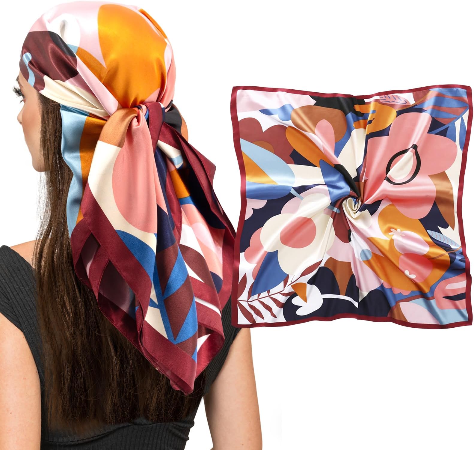 35" Square Silk Like Head Scarf - Women's Fashion Silk Feeling Scarf for Hair Wrapping and Sleeping at Night.