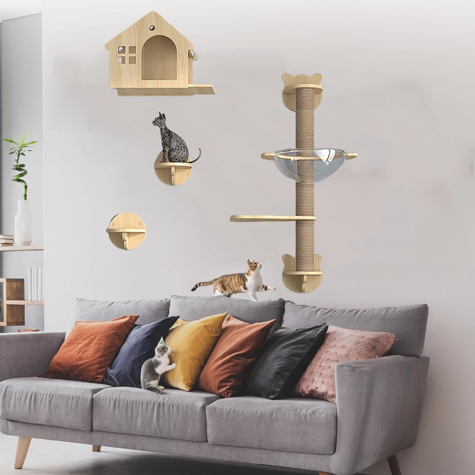 Katzenwandregale Aus Holz, Kletterwand Katzen,stabile Katzenwandregale, Katzenhaus Und Wandsitzstangen, Katzenwand Zum Klettern und Schlafen(4pcs)