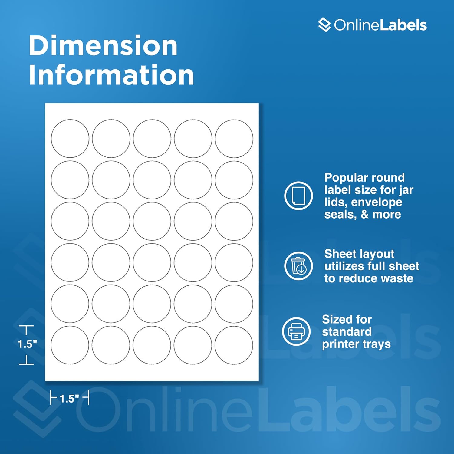 1.5" Round Labels - Permanent Adhesive, White Matte - Great for lid Labels, Warning Stickers, and More - Pack of 3,000 Circle Stickers, 100 Sheets - Inkjet/Laser Printer, OL2088WX, OnlineLabels