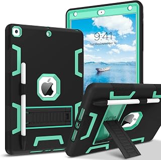 iPad 9th Generation Case, iPad 8th Generation Case, iPad 7th Gen Case, iPad 10.2 2021/2020/2019 Case, VENINGO 3 in 1 Heavy Duty Rugged Shockproof Protective Cover with Stand Pen Holder, Black/Green