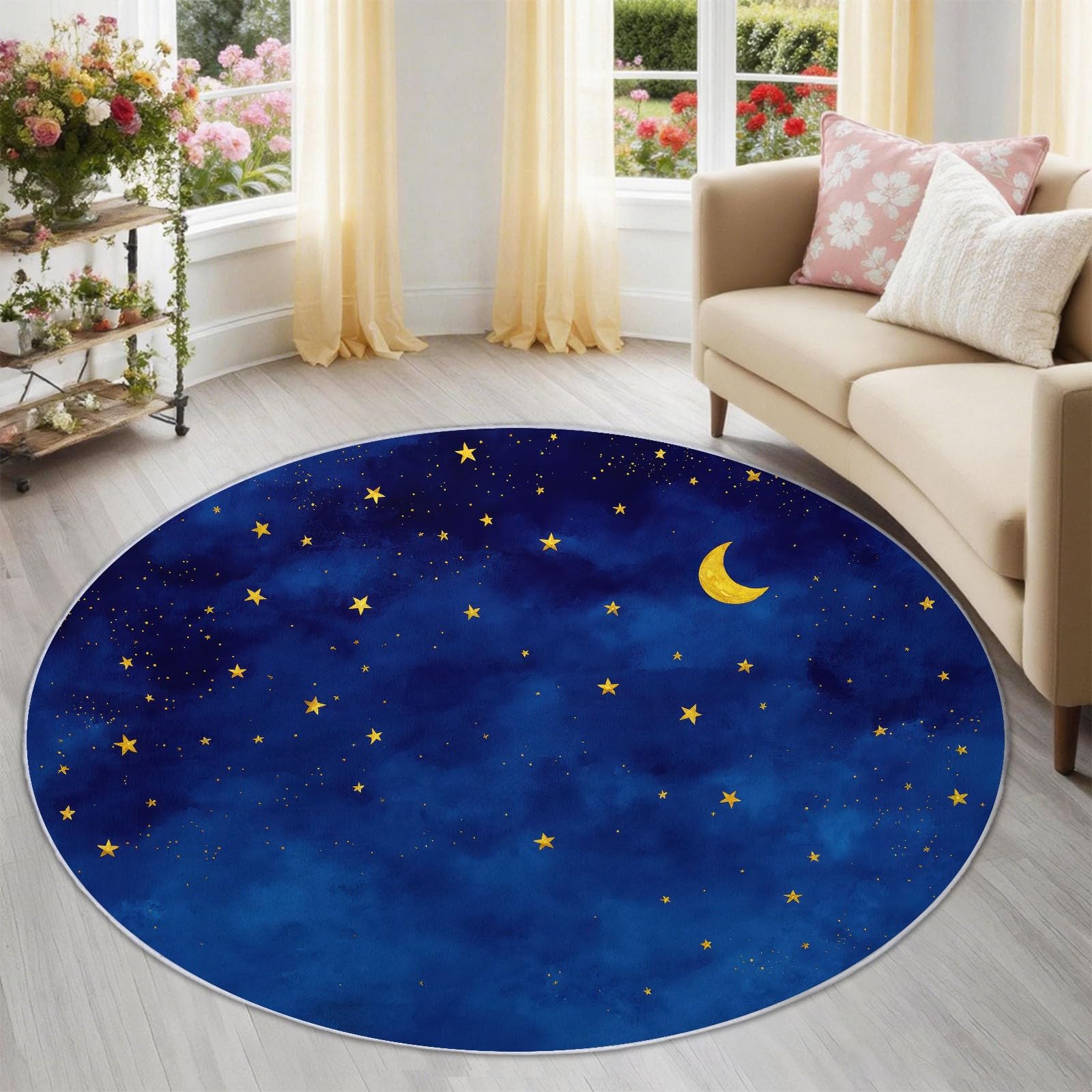 Générique Lune Tapis Rond Enfant 120 cm, Bleu Foncé Lavable & Antidérapant, Tapis de Jeux Doux Minimaliste Aquarelle Ciel Étoilé pour Chambre Bébé & Nurserie