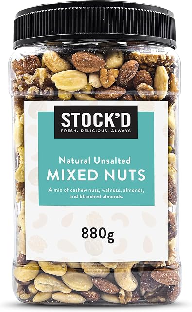 STOCK'D Raw Mixed Nuts, 880g, Whole Cashew Nuts, Walnuts, Almonds and Blanched almonds Perfect for Snacking with No Preservatives in Reusable PET Jar, (Pack of 1)
