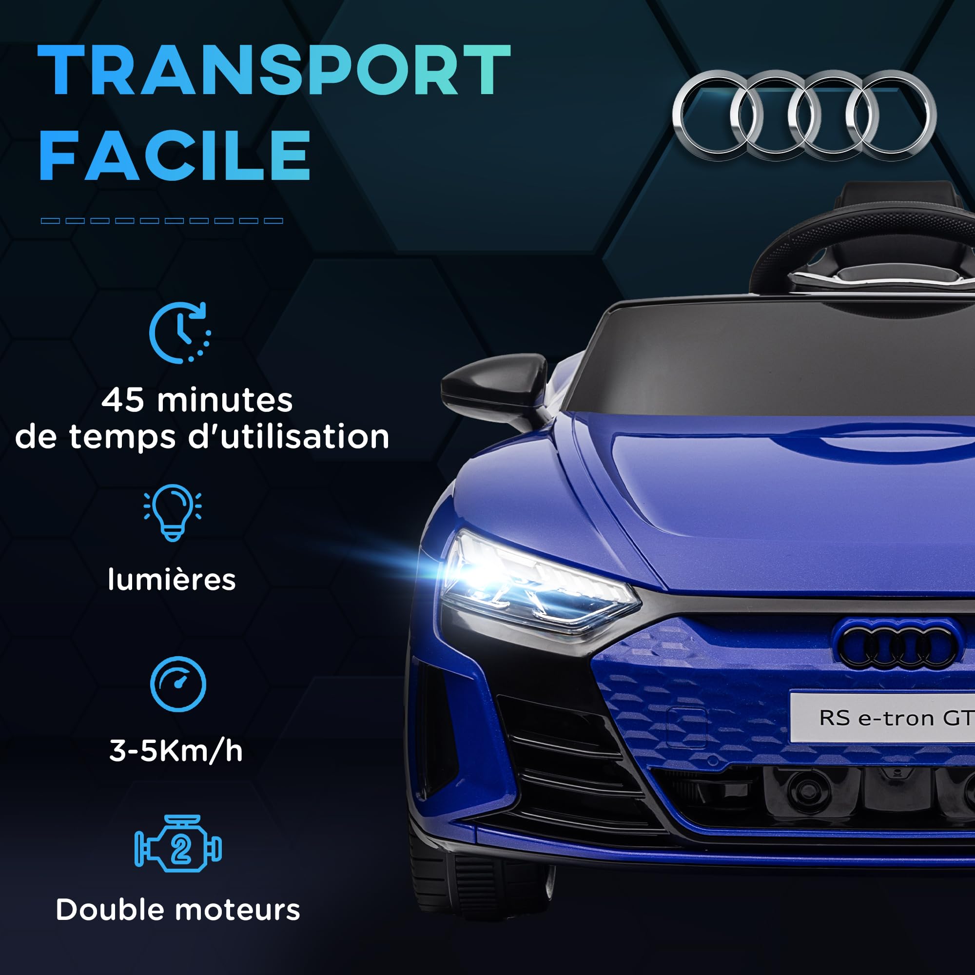 HOMCOM Voiture électrique Enfant 12 V - véhicule électrique avec télécommande parentale fournie - V. Max. 5 Km/h - Effets sonores, Lumineux - Audi RS E-tron GT Bleu foncé
