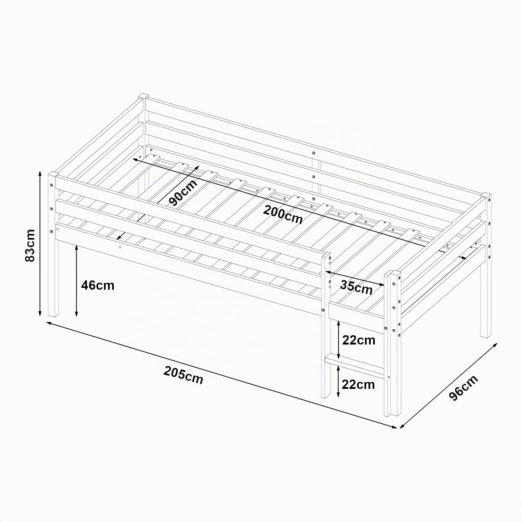 [en.casa] Lit Enfant Surélevé avec Barrière de Sécurité Lit Mezzanine avec Sommier à Lattes et Échelle Lit Simple Style Intemporel Bois de Pin Contreplaqué 90 x 200 cm Blanc