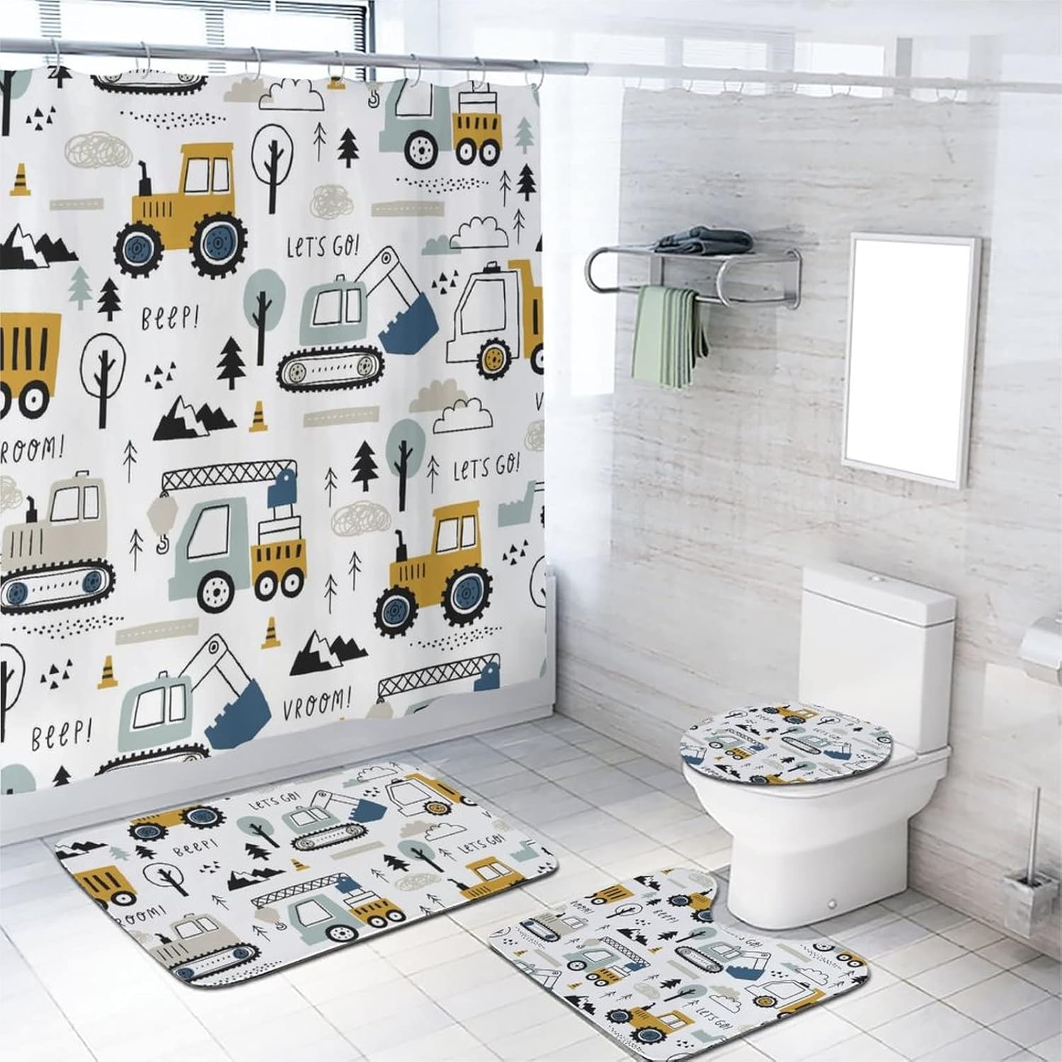 Construction Truck 4 Pcs Shower Curtain Set Cartoon Excavator Toddlers Machinery Cars Modern Home Bathroom Decor Shower Curtains with Rugs and Toilet Lid Cover 70.8×70.8