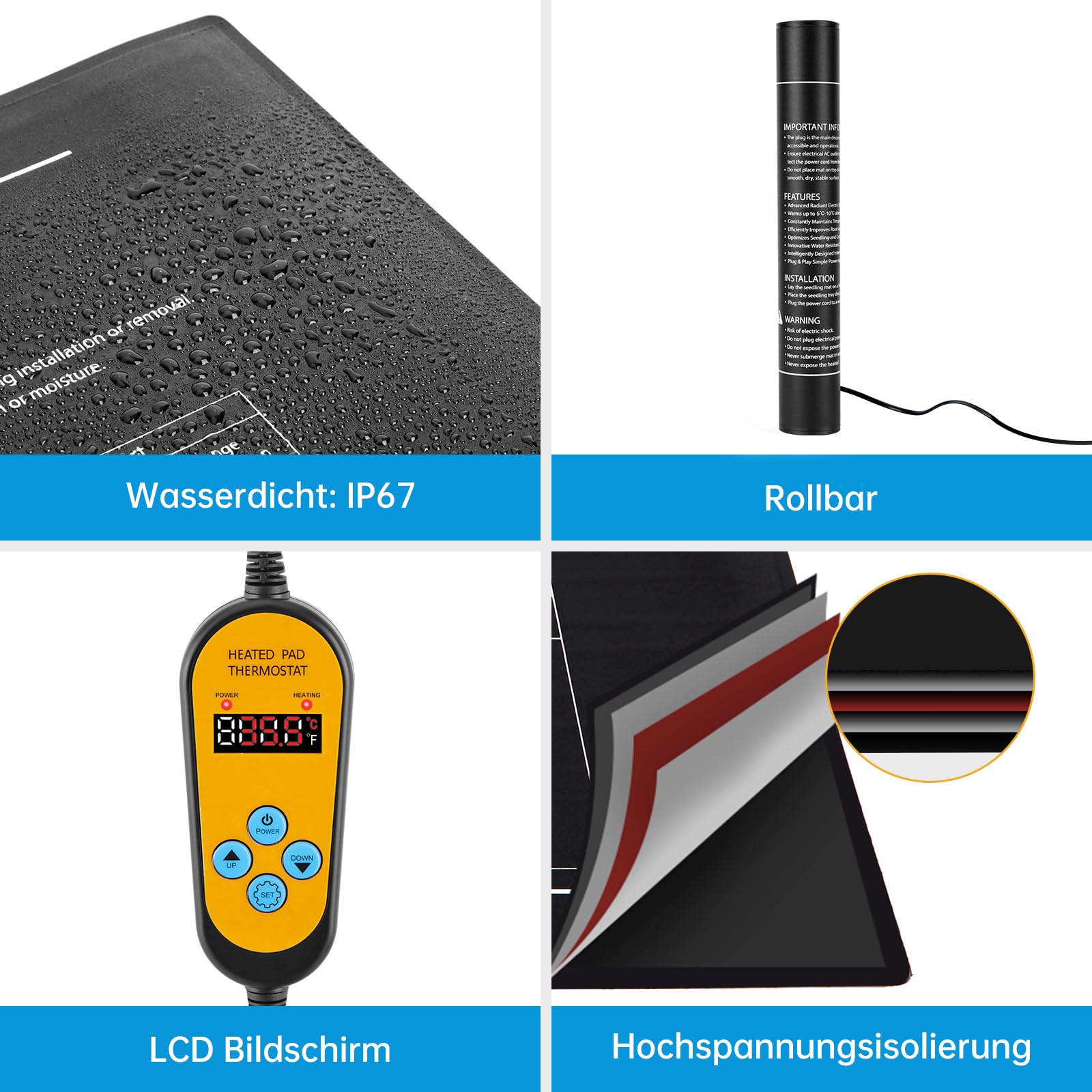 WADEO Heizmatte für Pflanzen 60 x 42 cm, Sämlinge Heizmatte Wärmematte mit Thermostat 5°C bis 45°C, Anzuchtmatte Gewächshaus Wärmematte für Setzlingskeimung, Sämling Germination, Terrarium