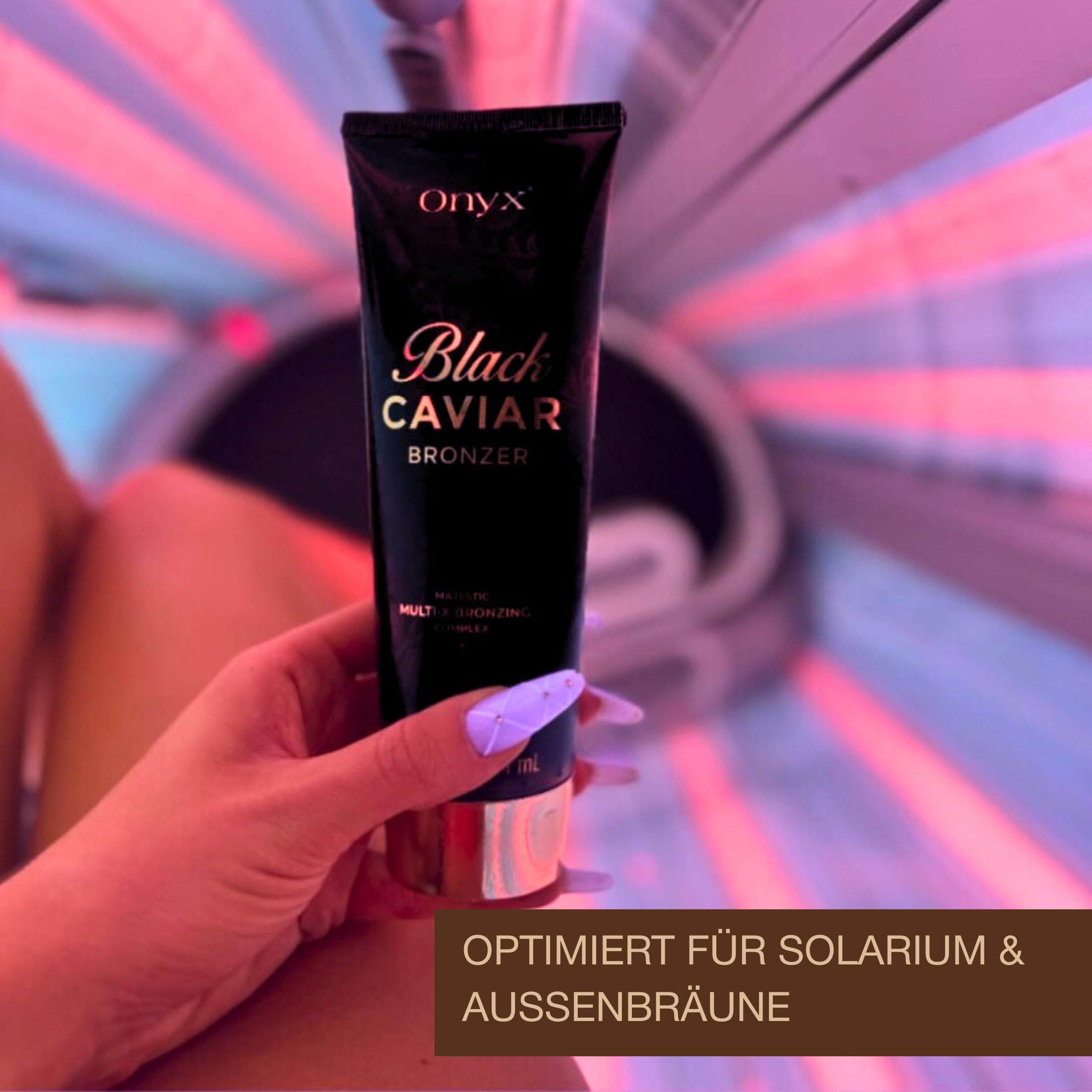Onyx Black Caviar Solarium Creme mit Schwarzem Bronzer - Extrem Dunkle Bräune für Erfahrene Nutzer - Intensiver Bronzing Komplex, Pflege & Straffung | Für Solarium & Außenbräune (200 ml)
