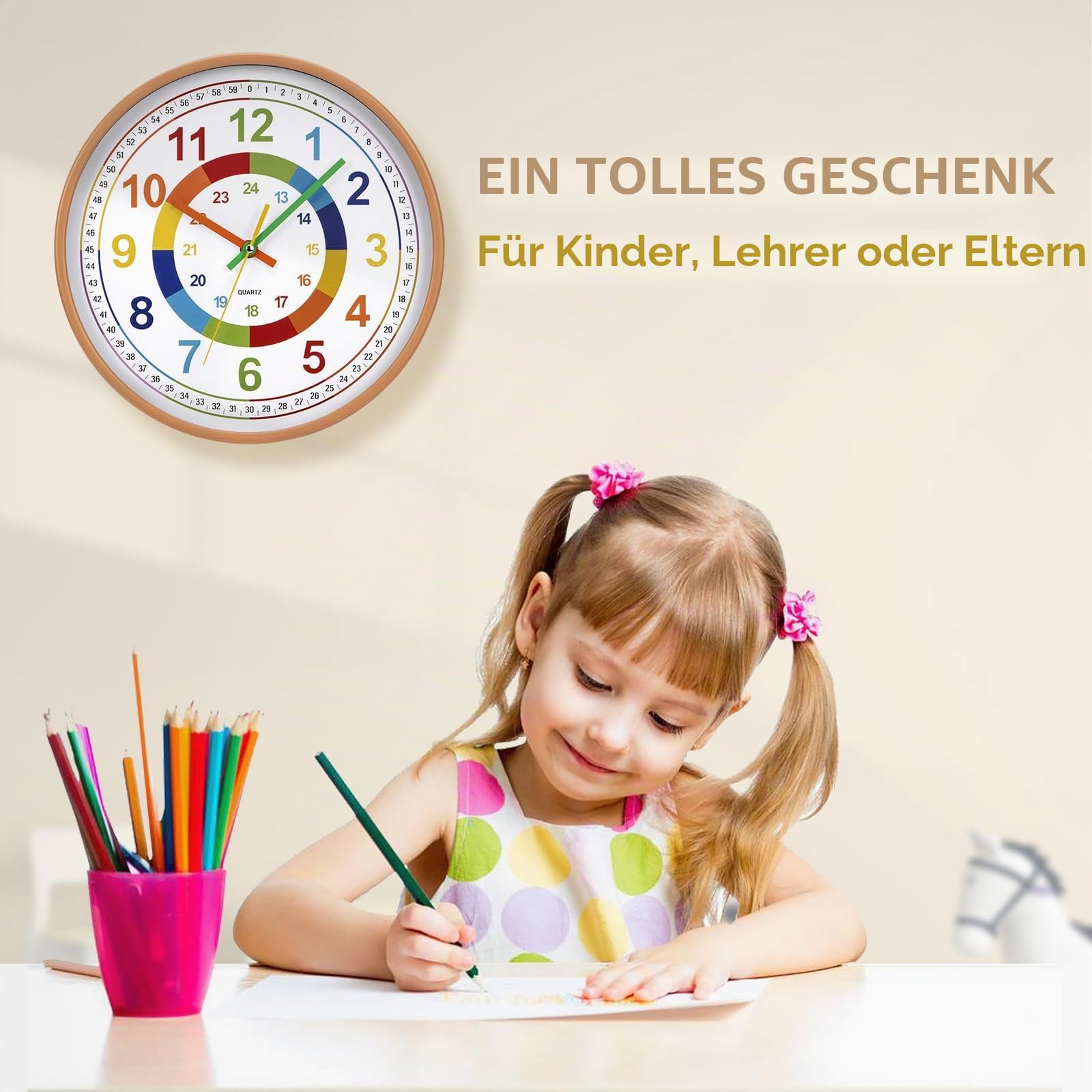 Wanduhr Kinder lautlos 30 cm Ablesen Farbenfrohe Kinderwanduhr Lernen Wohn- /Schlaf/Kinderzimmer großes Ziffernblatt Büro (Holzmaserung)