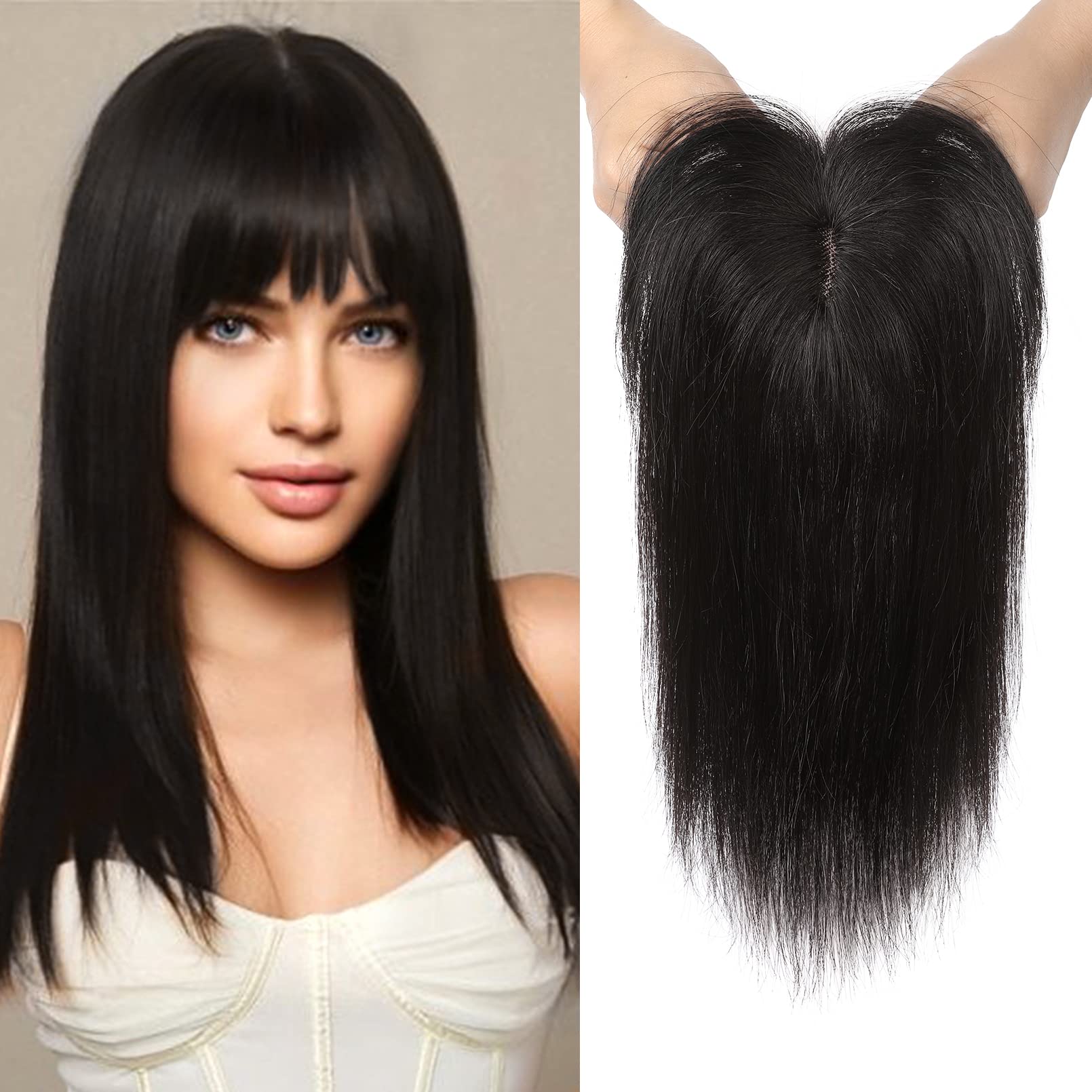 REECHO Hair Toppers for Women Real Human Hair, Hair Toppers with Bangs, Topper Hair Pieces for Women with Thinning Hair, Clip In Hair Topper Top Hair Extensions 10 Inch - Natural Black
