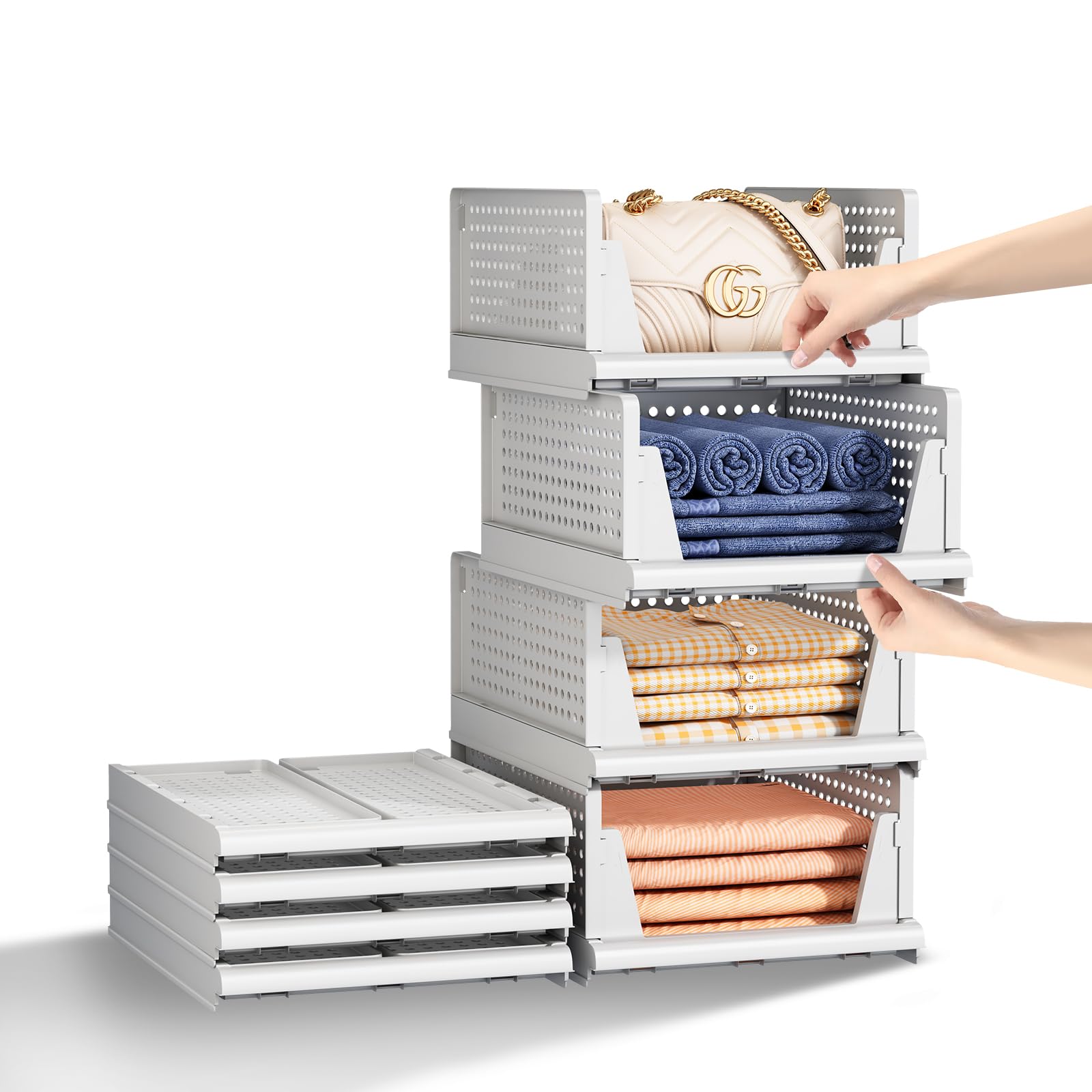 Cesta de almacenamiento apilable de plástico para armario, organizador de armario y cajón de ropa plegable, contenedor para dormitorio, baño, cocina, oficina, 4 L, color blanco