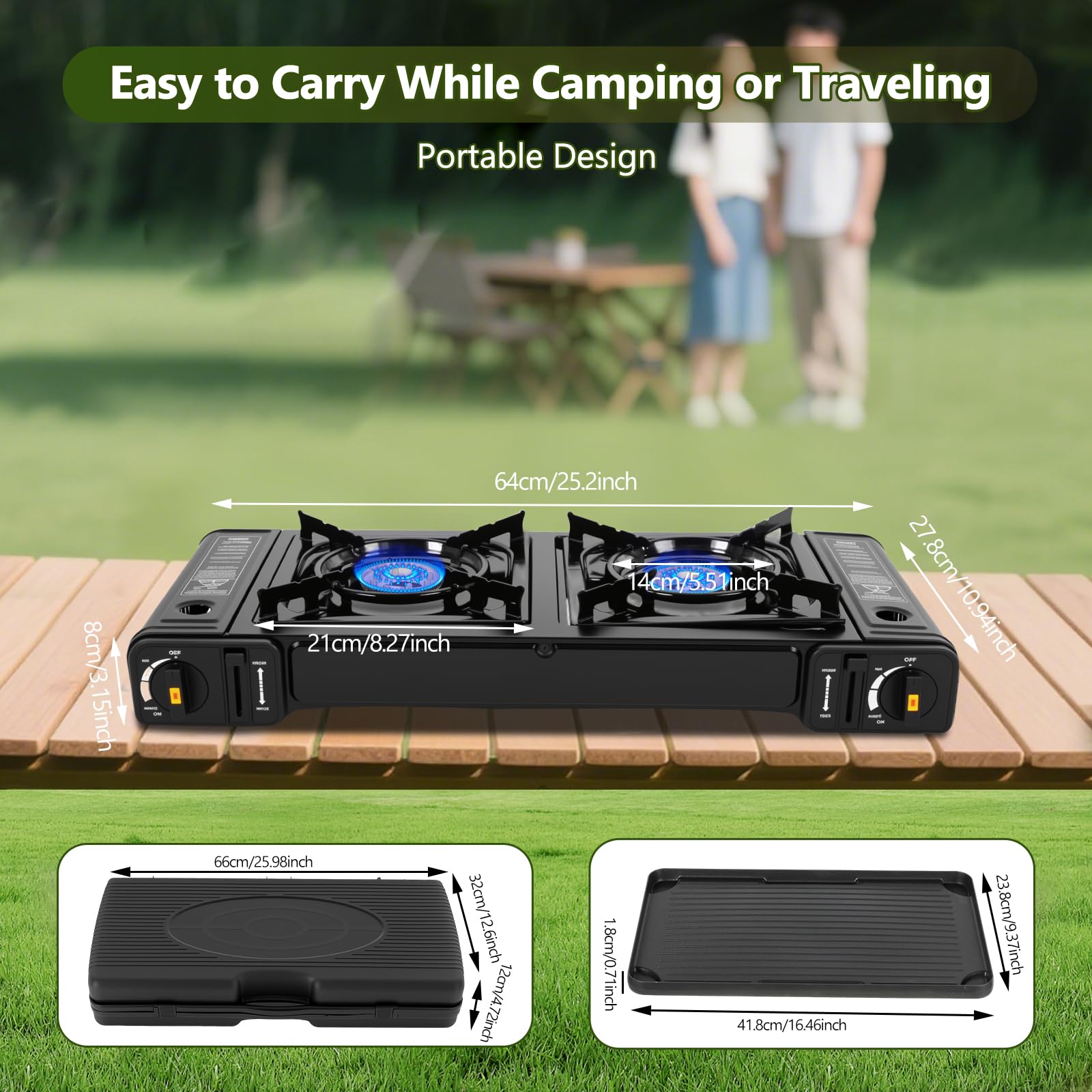 Fornello a butano a doppio bruciatore, kit da campeggio con teglia da forno e custodia per il trasporto, bruciatore portatile a gas a gas per camper, appartamenti, esterni