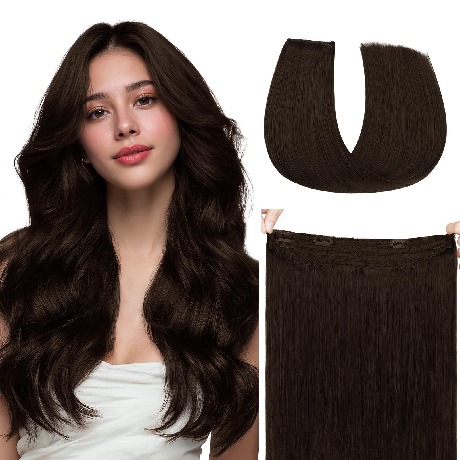hotbanana Extension Capelli Veri con Filo Invisibile, 45cm 95g Marrone Chiaro Scuro Capelli Umani Remy Lisci, Invisible Wire Hair Extensions, Extension in Capelli Veri Invisibles
