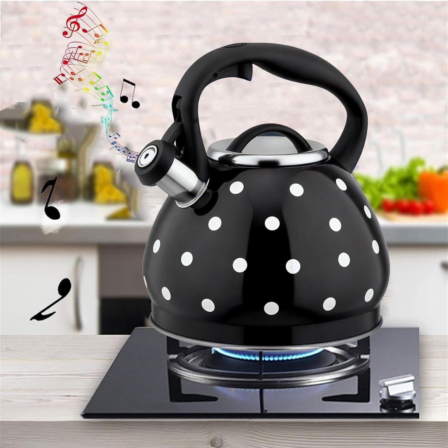 Tea Kettle, 3.2 Quart Teapot for Stove Top, 304 Stainless Steel Whistle White Polka Dot Tea Pot
