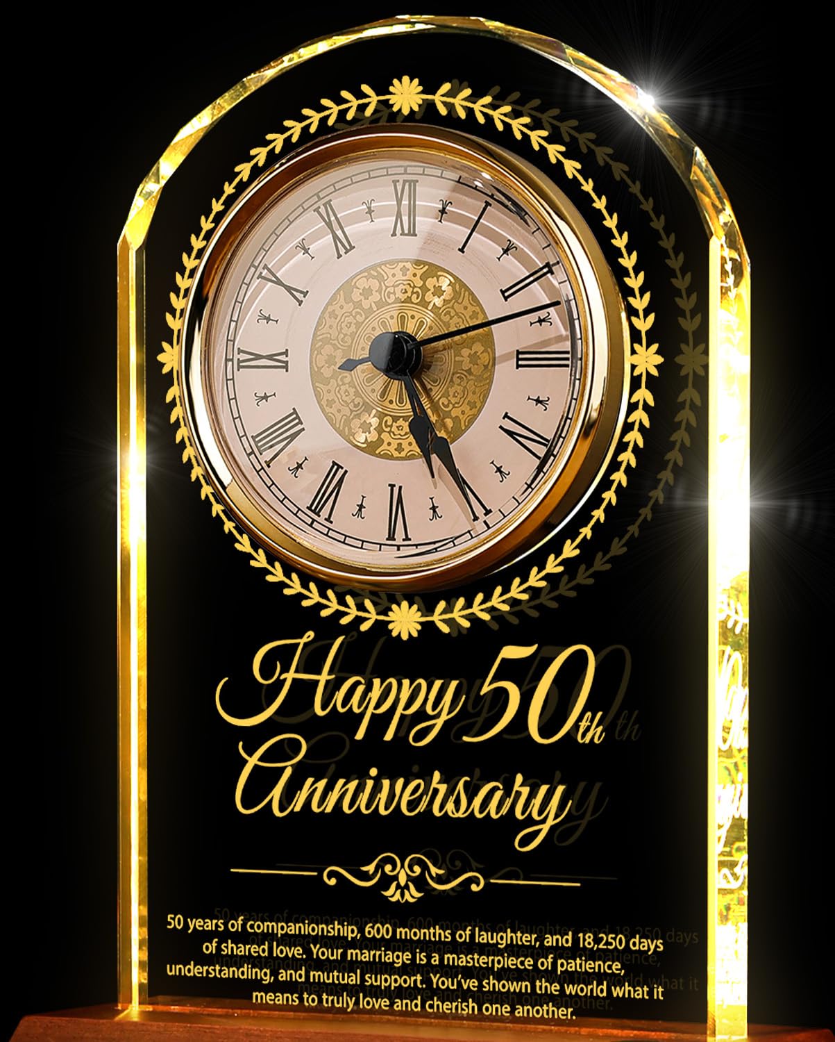 Quarzuhr zum 50. Hochzeitstag, Kristall-Quarzuhr mit Holz-Lichtsockel, Geschenk zum 50. Hochzeitstag, Dekoration für Eltern, Großeltern, Paare