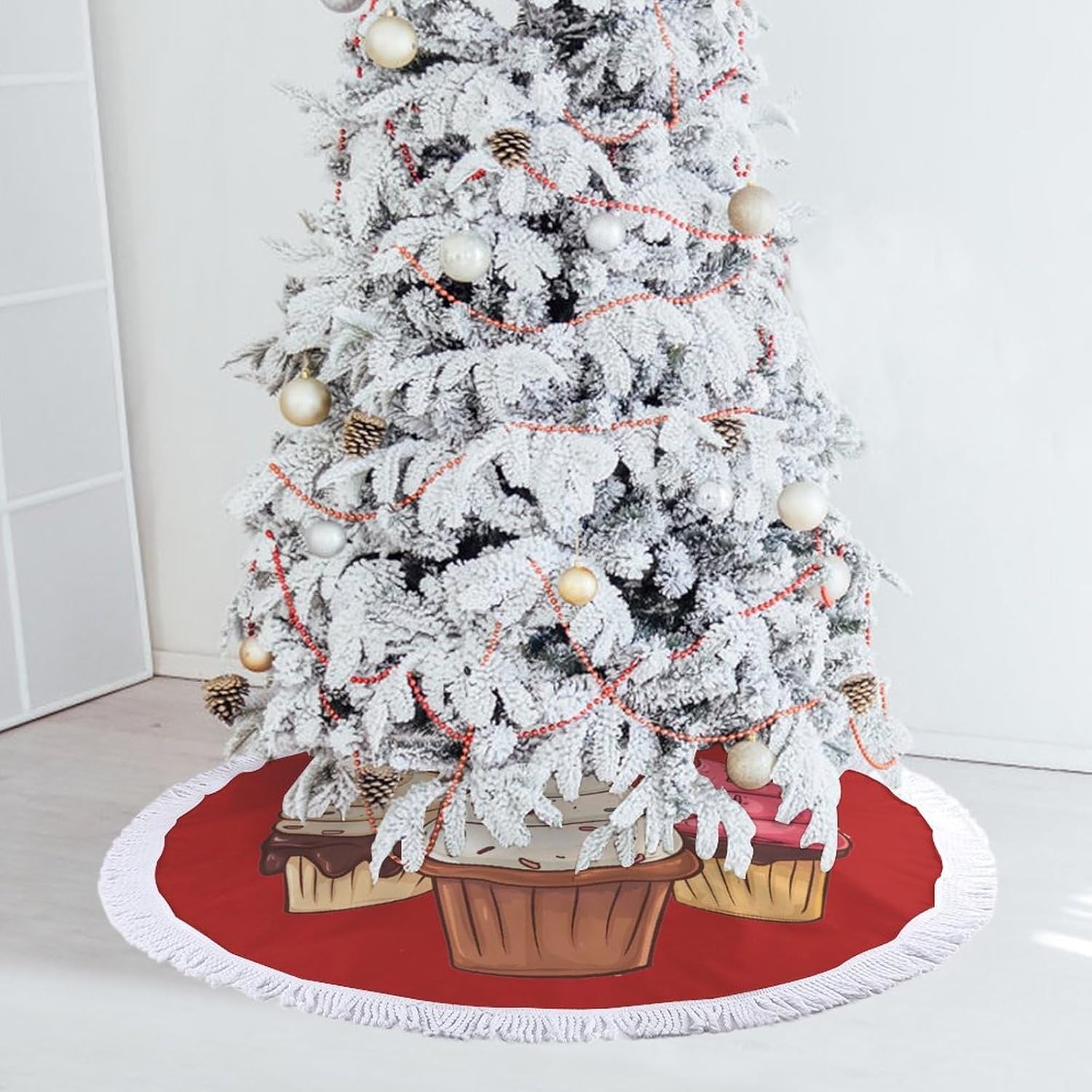 Ice Cream Christmas Tree Skirt Round Xmas Tree Mat Ornaments Tree Skirts with Tassels for Holiday Party