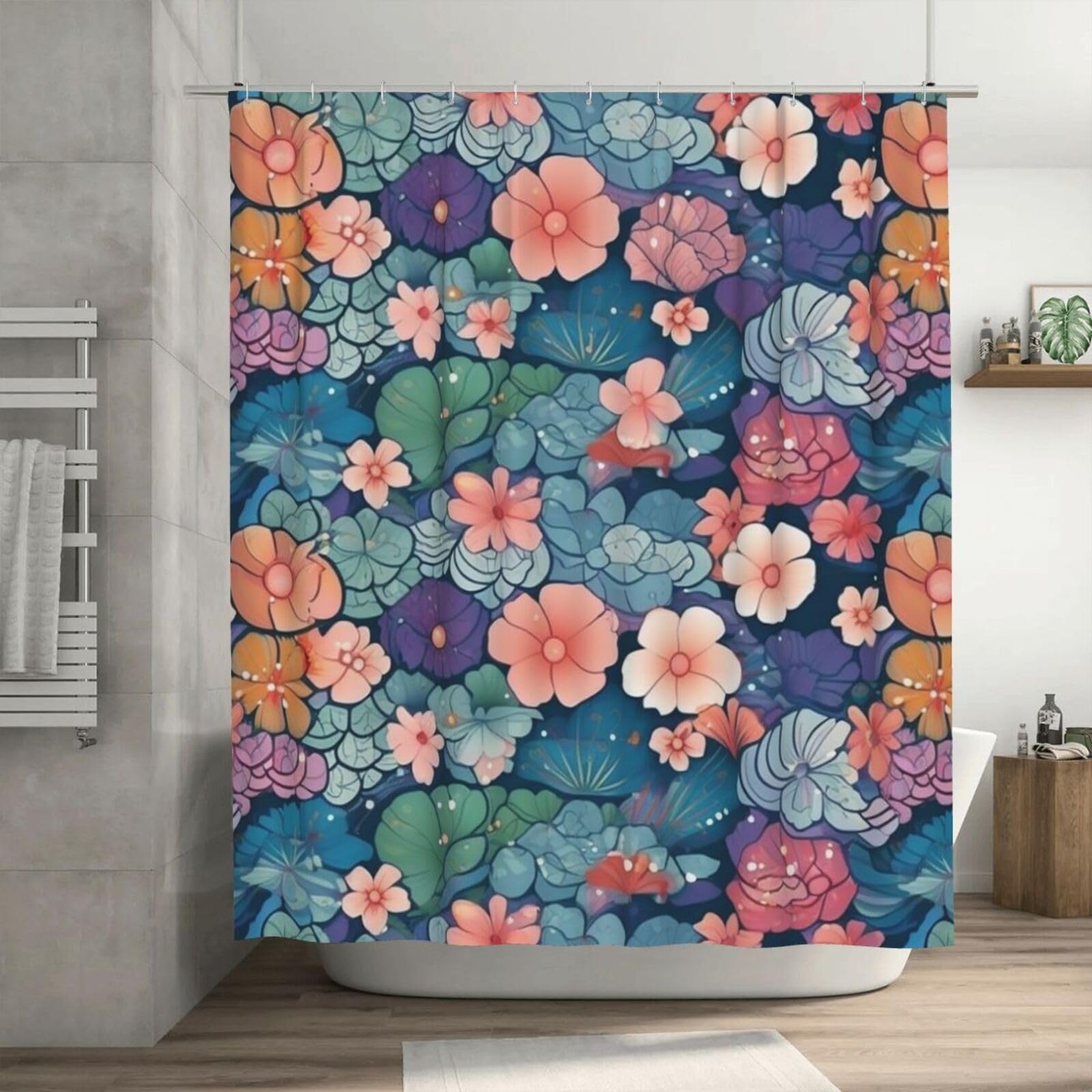 Rideau de douche imperméable motif écailles et fleurs 183x183 cm