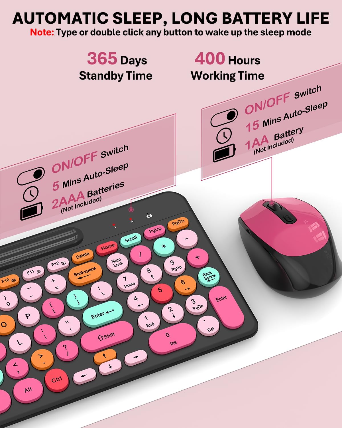 Colorful Wireless Keyboard and Mouse Combo - Round Keycaps, 2.4GHz Retro Typewriter Keyboard with Number Pad, Cute Compact USB Keyboard and Mouse for Computer PC Desktop Laptop (Pink & Black Colorful)