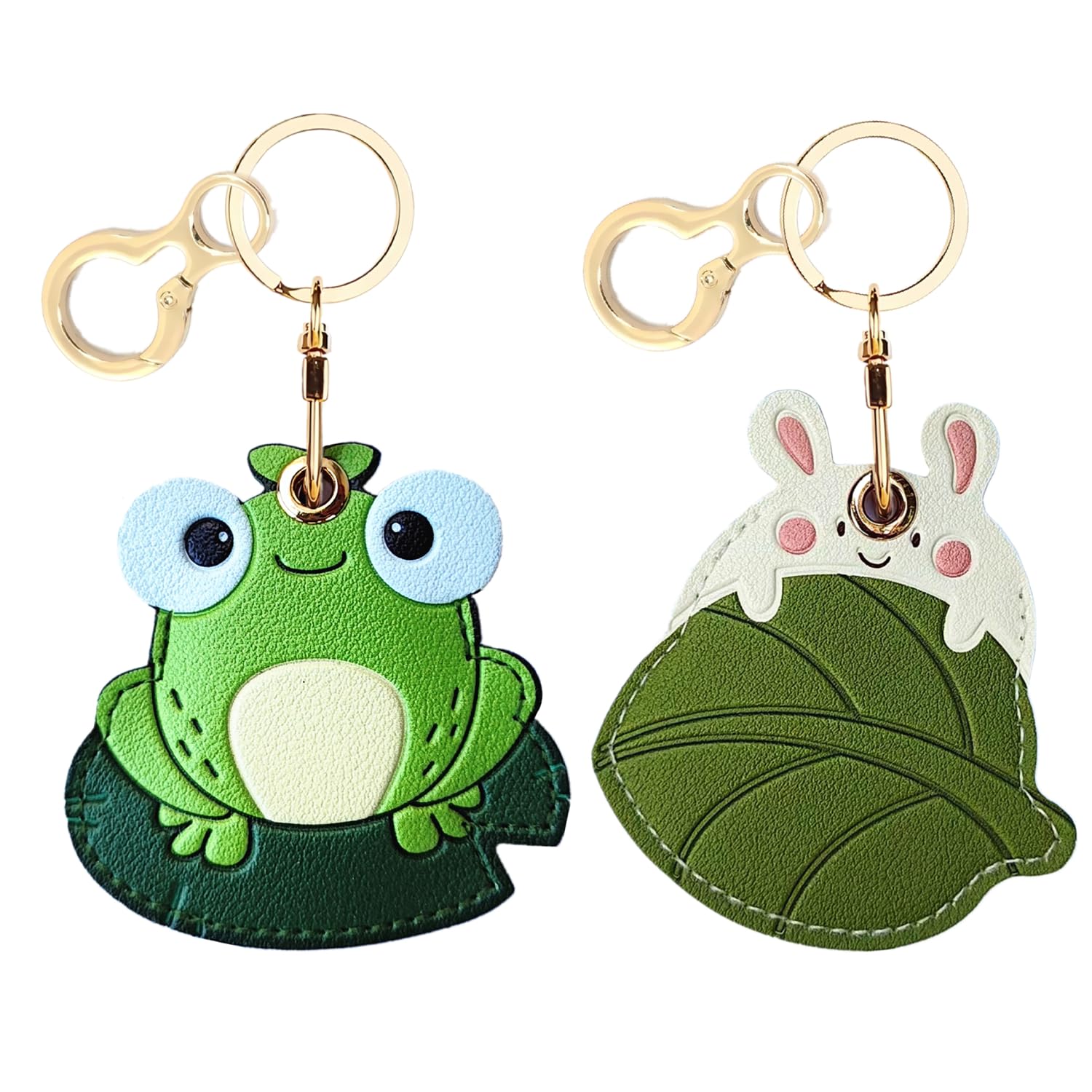 BORKUANABORKUANA 2 Pack Leather Keychain Holder Case Compatible with Apple AirTag, Cute Protective Air Tag Cover with Keychain Ring, Anti-Scratch Finder GPS Tracker Case for Wallet Keys(Frog&Leaf Rabbit)