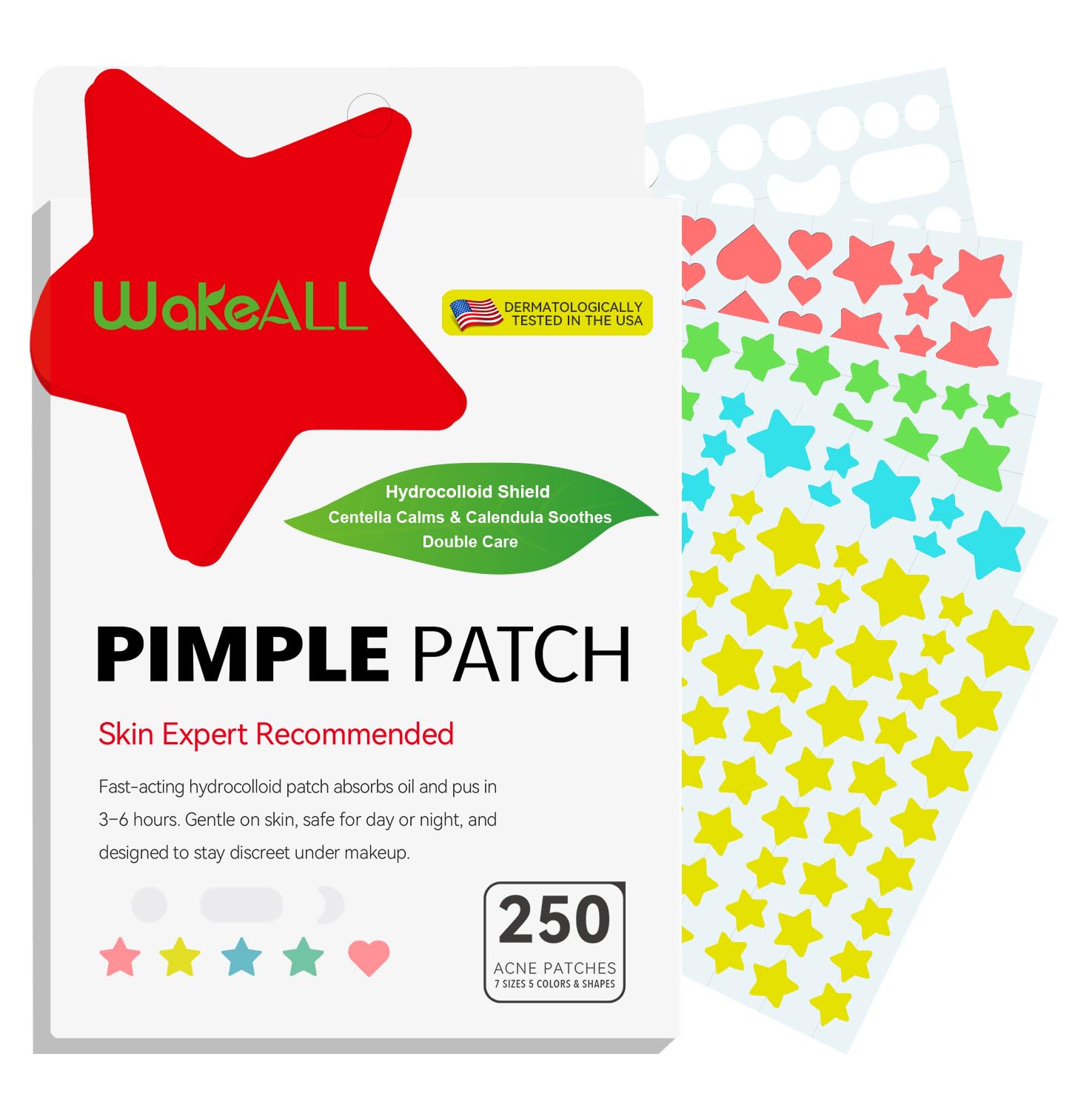 Pimple Patches for Face, 7 Sizes, 5 Shape/Color 250 pcs Acne Patches Hydrocolloid Precise Matches Different Sizes Acne, Spot Stickers With Tea Tree