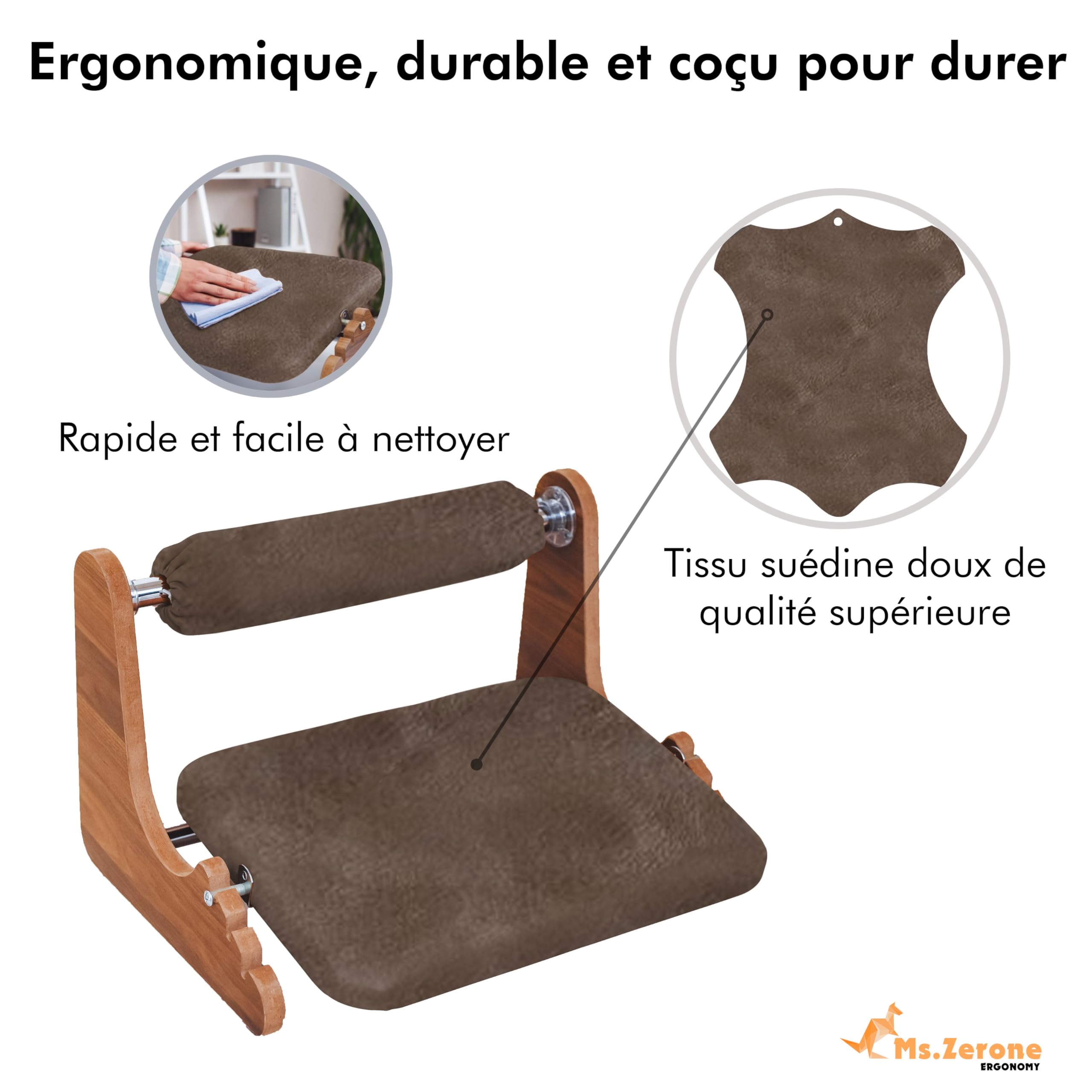 Ergonomische Fußstütze aus Holz – 3 verstellbare Höhen (6/8/10 cm) – Knöchelstütze aus weichem Wildleder – Wippbasis – rutschfest – Komfort für Telearbeit & Büro