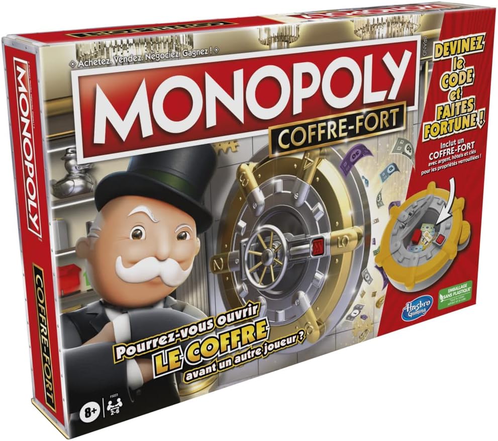 Close-up of the Monopoly Safe unit with money and keys visible inside.
