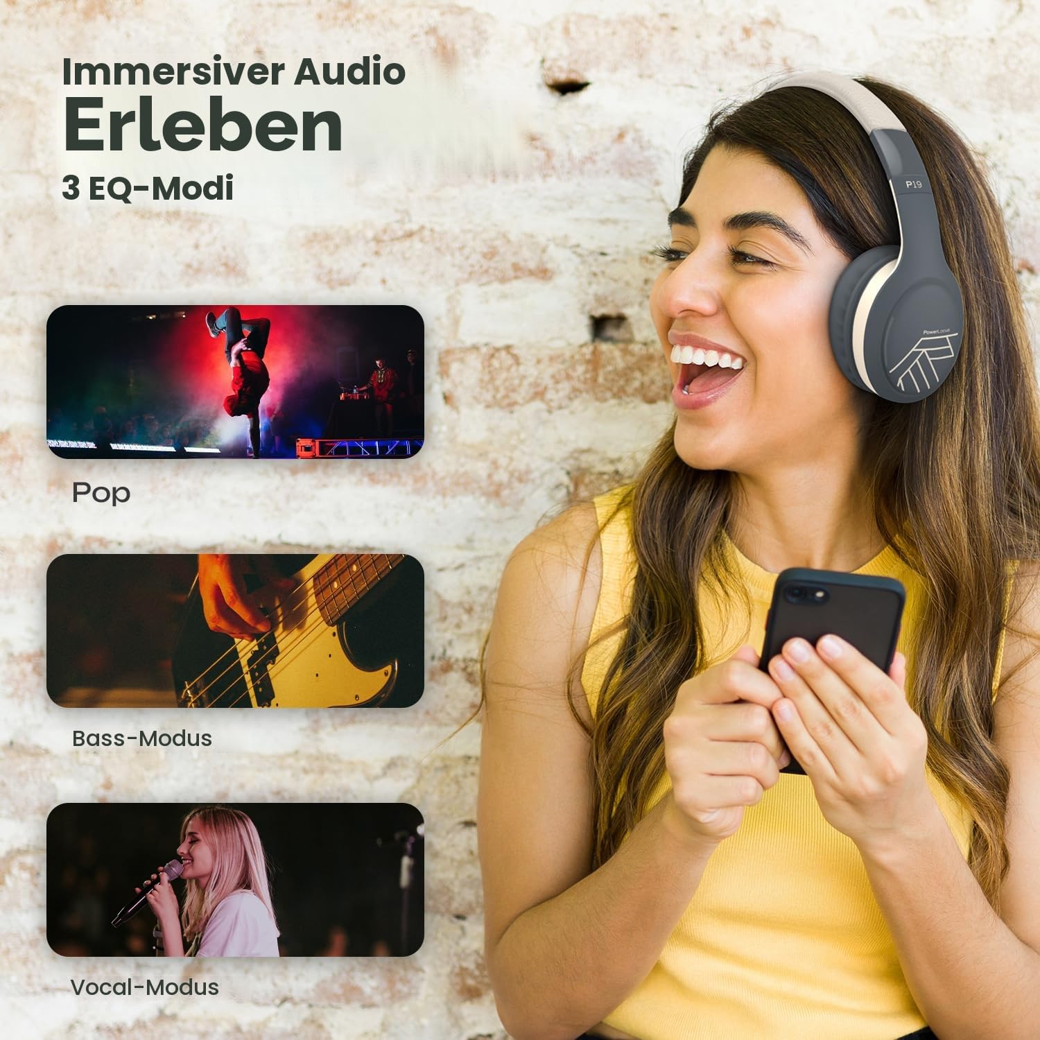 PowerLocus Bluetooth Kopfhörer Over Ear, Kabellos mit 3-EQ modi, 60std. Spielzeit, Hi-Fi-Stereo Faltbare Headset mit Mikrofon, Memory-Foam Ohrpolster und Stoff-Stirnband für Handy/Reisen/PC